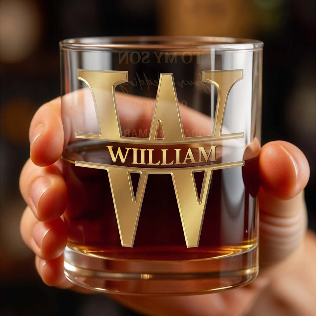 Personalized 3D Golden Monogram Whiskey Glass Custom Gift for Son Whiskey Glass GradoCreations