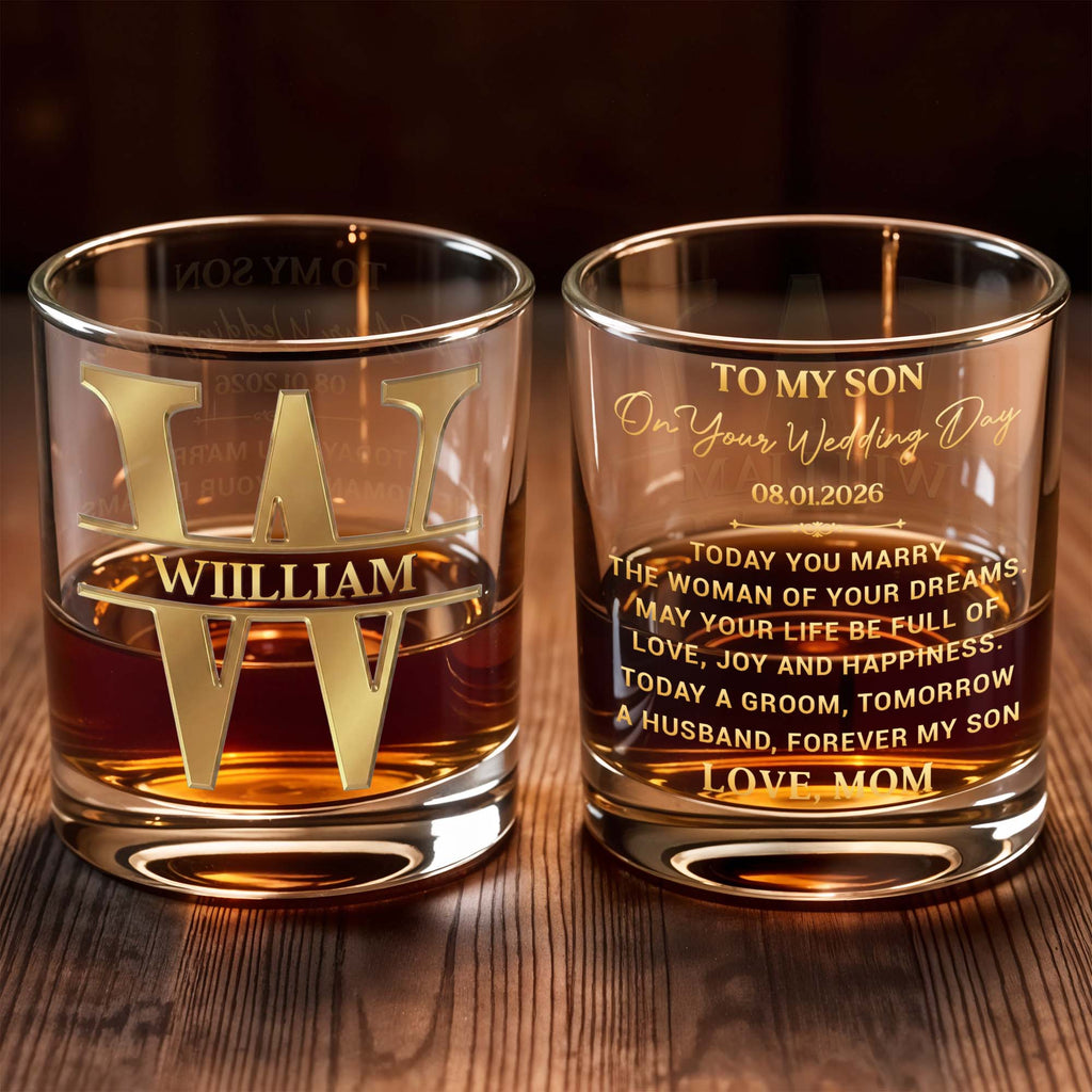 Personalized 3D Golden Monogram Whiskey Glass Custom Gift for Son Whiskey Glass GradoCreations