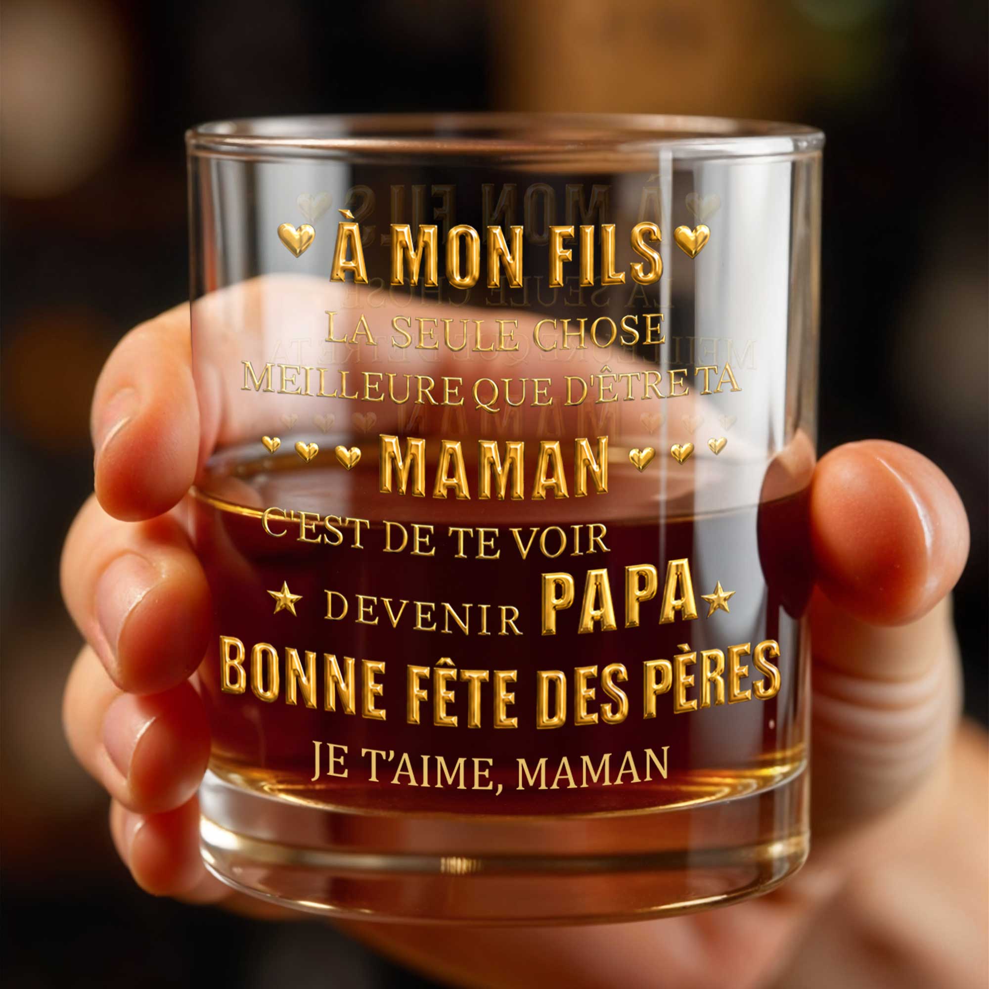 Personalized Custom Whiskey Glass Gift for Son - Elegant 3D Gold Text Whiskey Glass GradoCreations