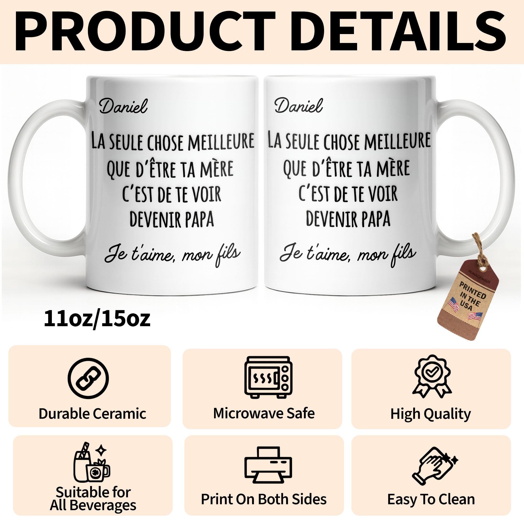 Personalized French Typography Coffee Mug Custom Gift for Son Edge-to-edge Mug GradoCreations