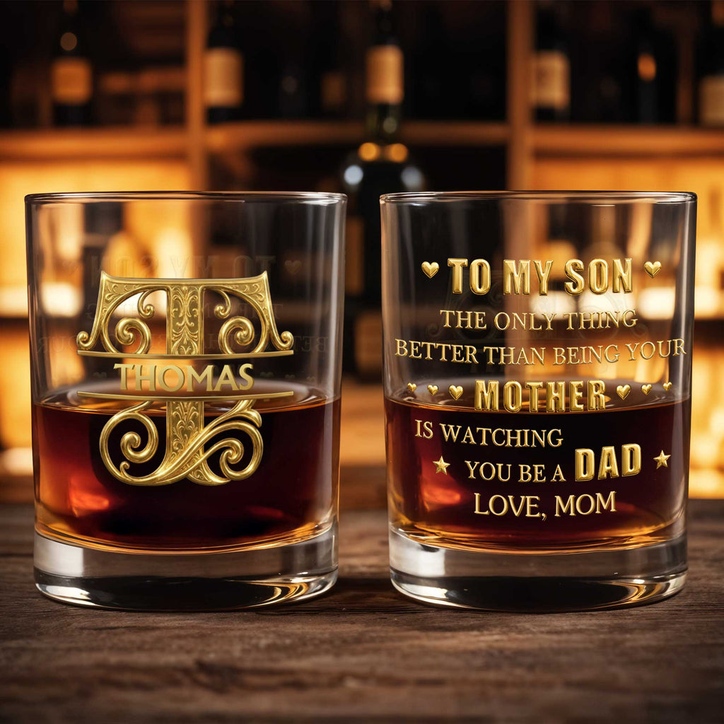 Personalized Custom Whiskey Glass Gift for Son - 3D Gold Monogram Whiskey Glass GradoCreations