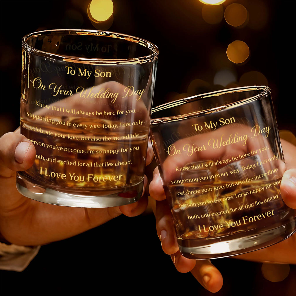 Personalized Custom Whiskey Glass Gift for Son Wedding Day Gold Text Whiskey Glass GradoCreations
