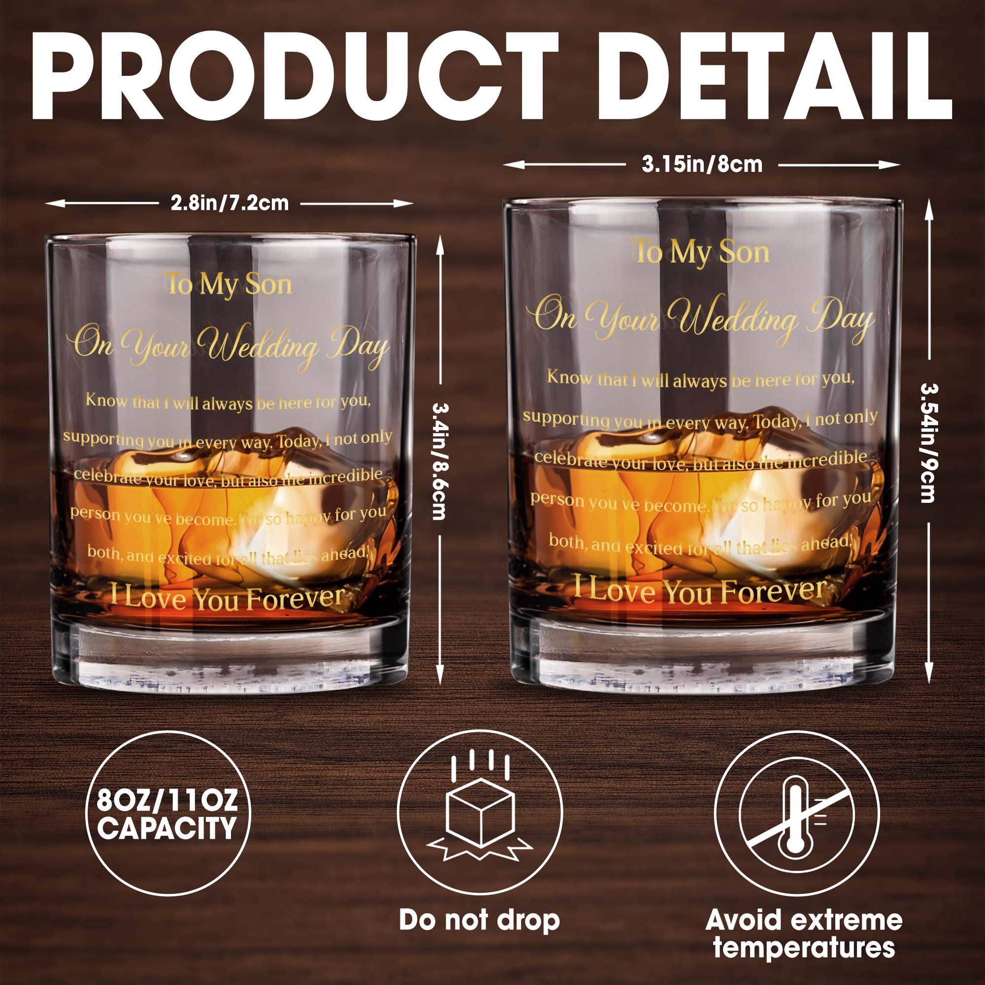 Personalized Custom Whiskey Glass Gift for Son Wedding Day Gold Text Whiskey Glass GradoCreations