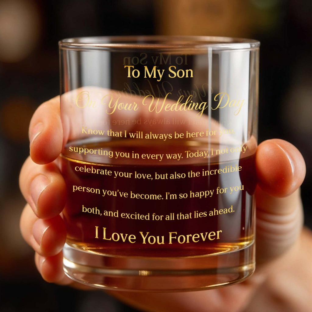 Personalized Custom Whiskey Glass Gift for Son Wedding Day Gold Text Whiskey Glass GradoCreations