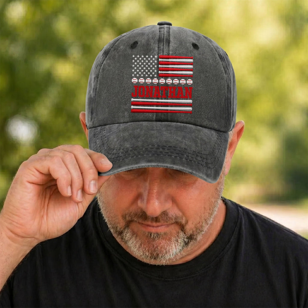 Personalized Washed Denim Cap Custom Name USA Flag Gift for Dad Washed Denim Cap GradoCreations