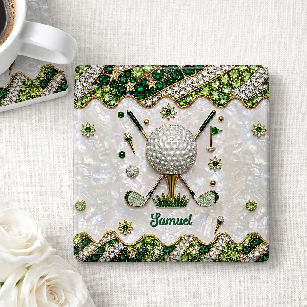 Personalized Golf Ball Coaster Custom Name Gift for Dad Square Ceramic Coaster GradoCreations