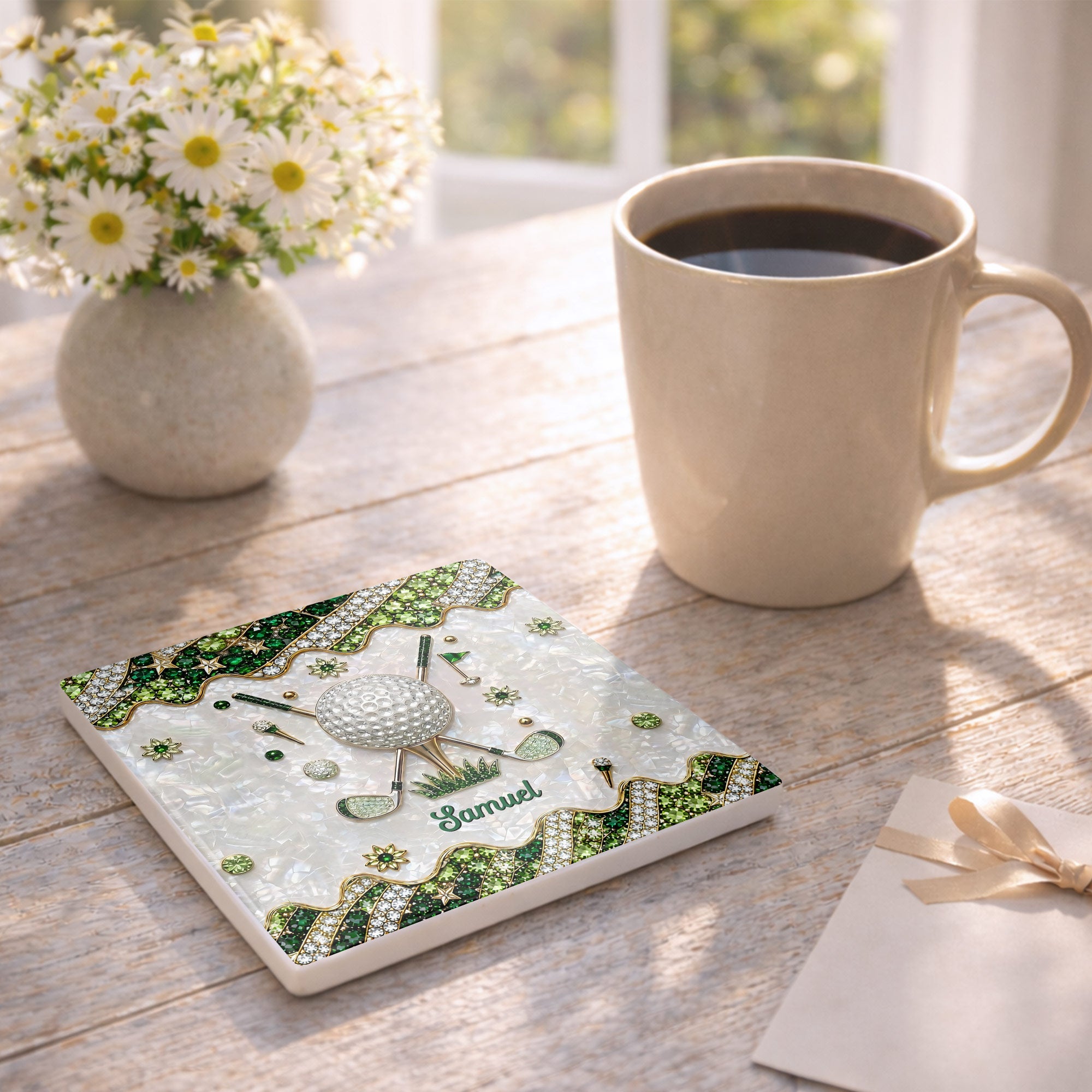 Personalized Golf Ball Coaster Custom Name Gift for Dad Square Ceramic Coaster GradoCreations