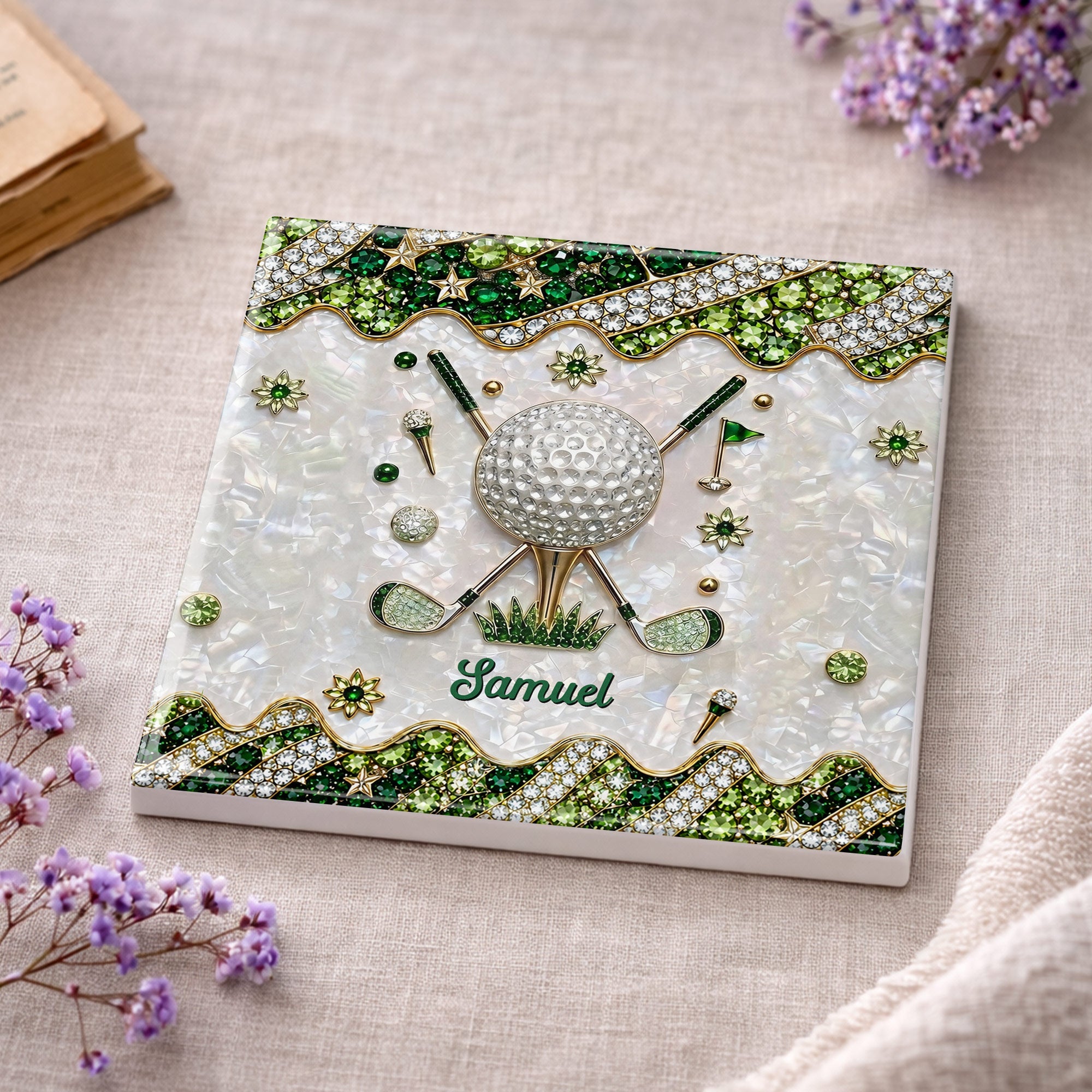 Personalized Golf Ball Coaster Custom Name Gift for Dad Square Ceramic Coaster GradoCreations