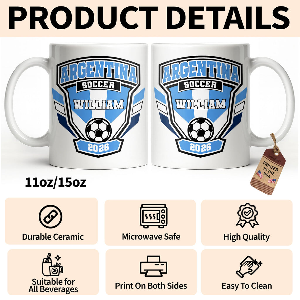Personalized Argentina Soccer Coffee Mug Custom Name Gift for Dad Edge-to-edge Mug GradoCreations