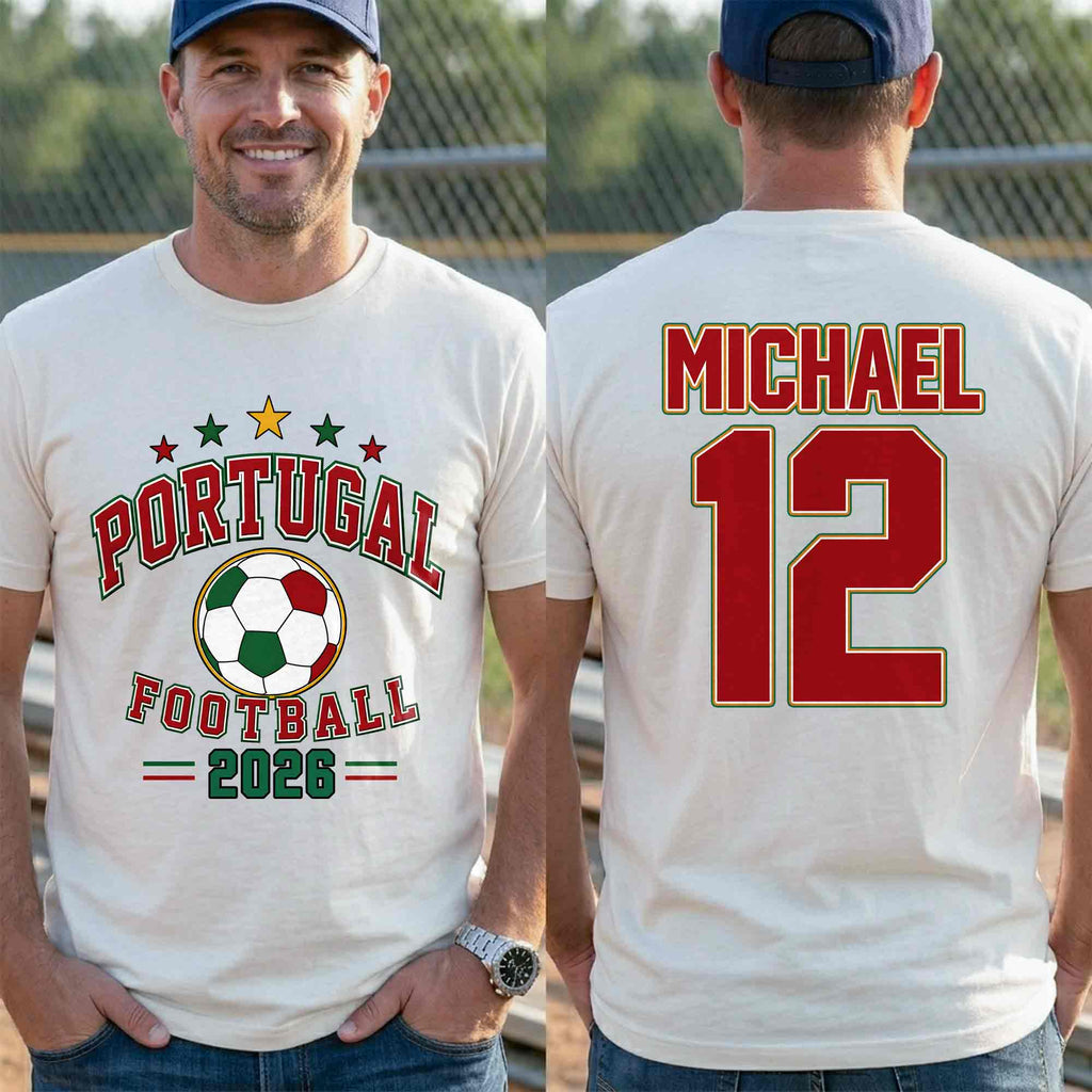 Personalized Portugal Football Custom Name Soccer Ball Gift T-Shirt Font and Back GradoCreations