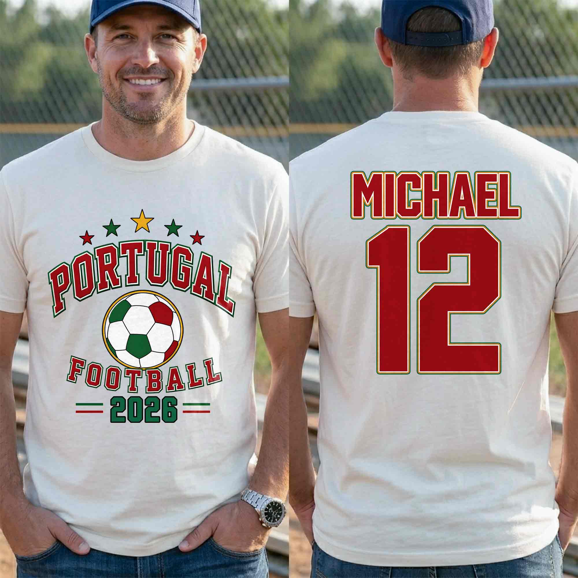 Personalized Portugal Football Custom Name Soccer Ball Gift T-Shirt Font and Back GradoCreations