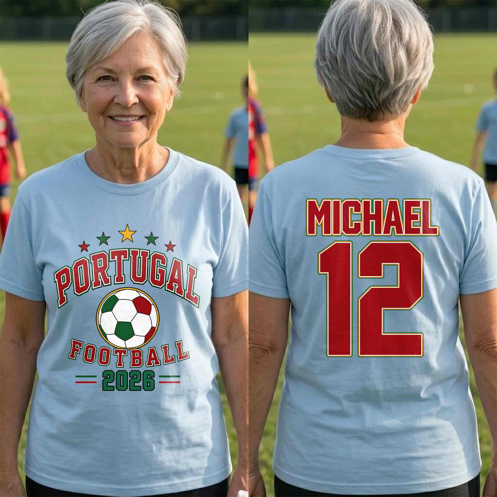 Personalized Portugal Football Custom Name Soccer Ball Gift T-Shirt Font and Back GradoCreations