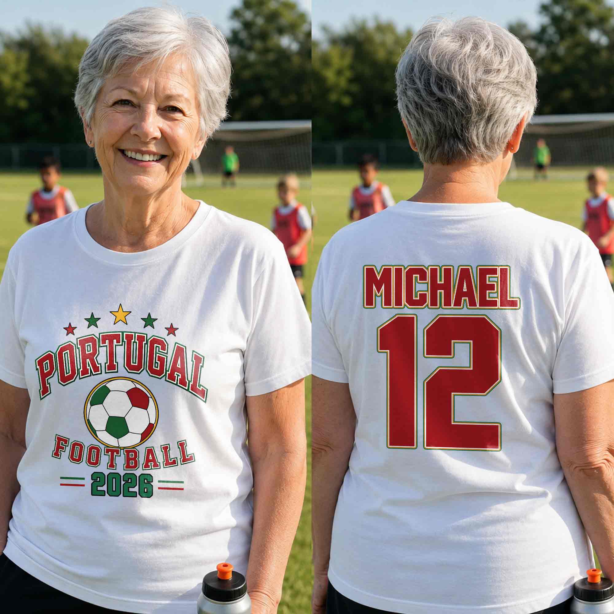 Personalized Portugal Football Custom Name Soccer Ball Gift T-Shirt Font and Back GradoCreations