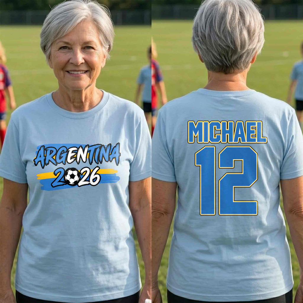 Personalized Argentina Soccer T-Shirt Custom Name Gift for Fans T-Shirt Font and Back GradoCreations