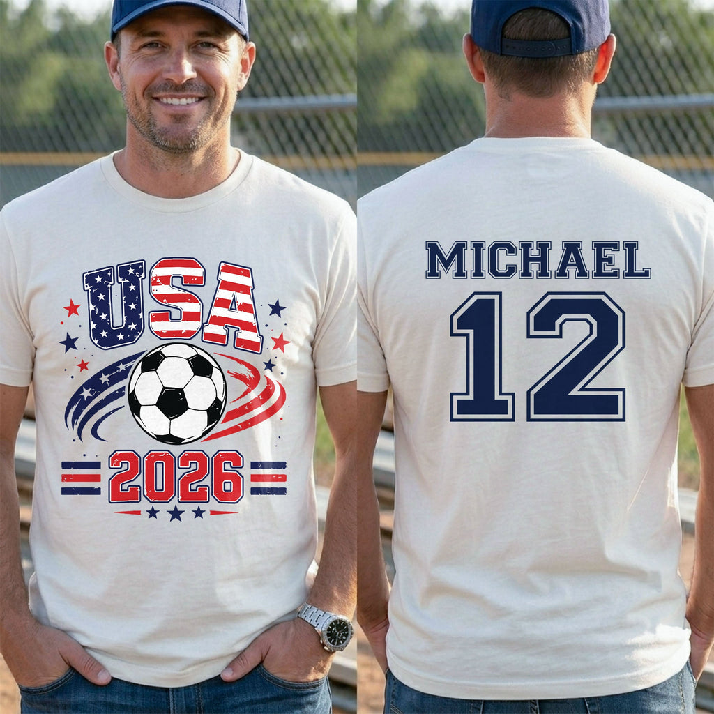 Personalized Soccer American Flag T-Shirt Custom Design for Dad T-Shirt Font and Back GradoCreations