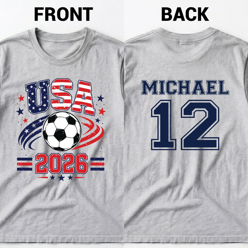 Personalized Soccer American Flag T-Shirt Custom Design for Dad T-Shirt Font and Back GradoCreations