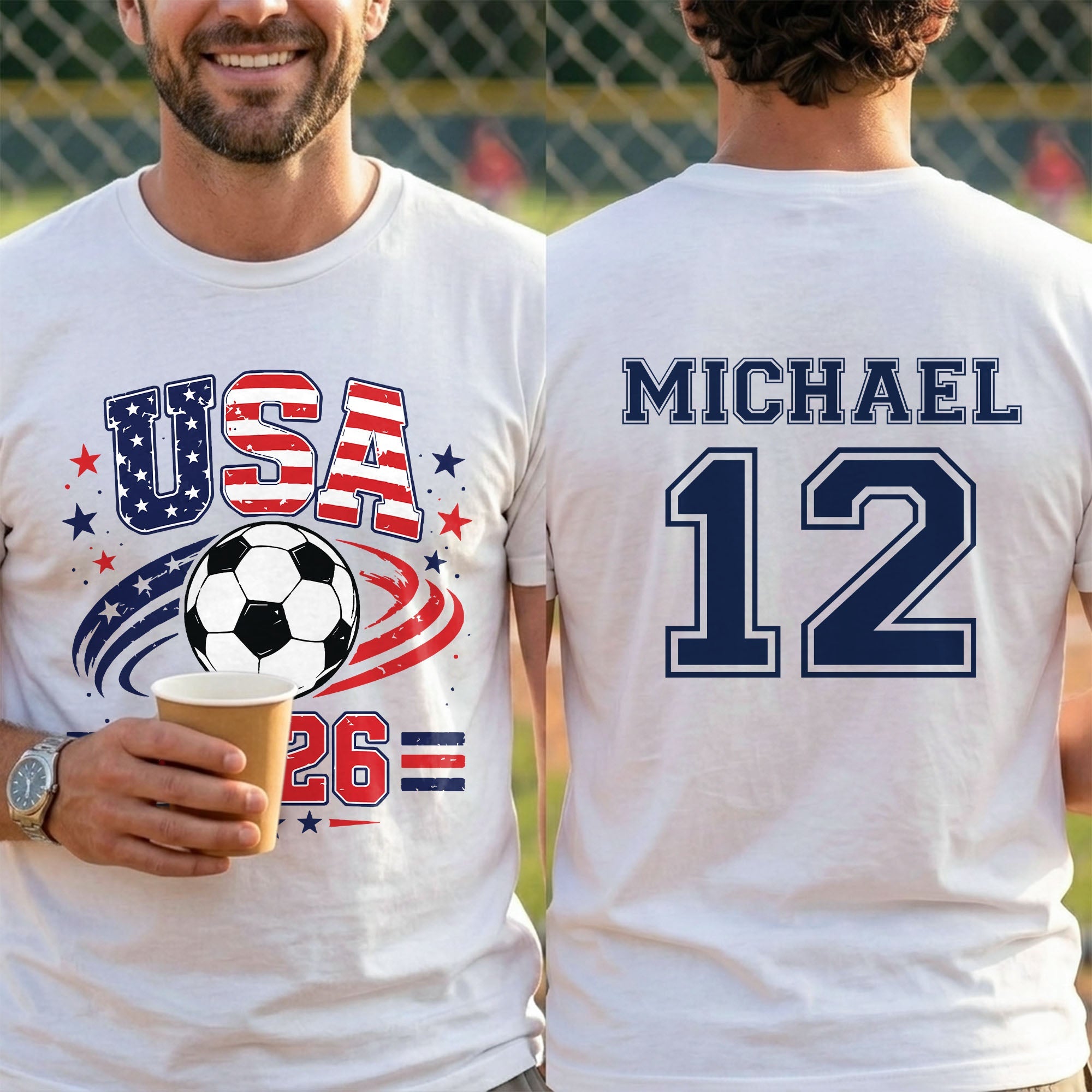 Personalized Soccer American Flag T-Shirt Custom Design for Dad T-Shirt Font and Back GradoCreations