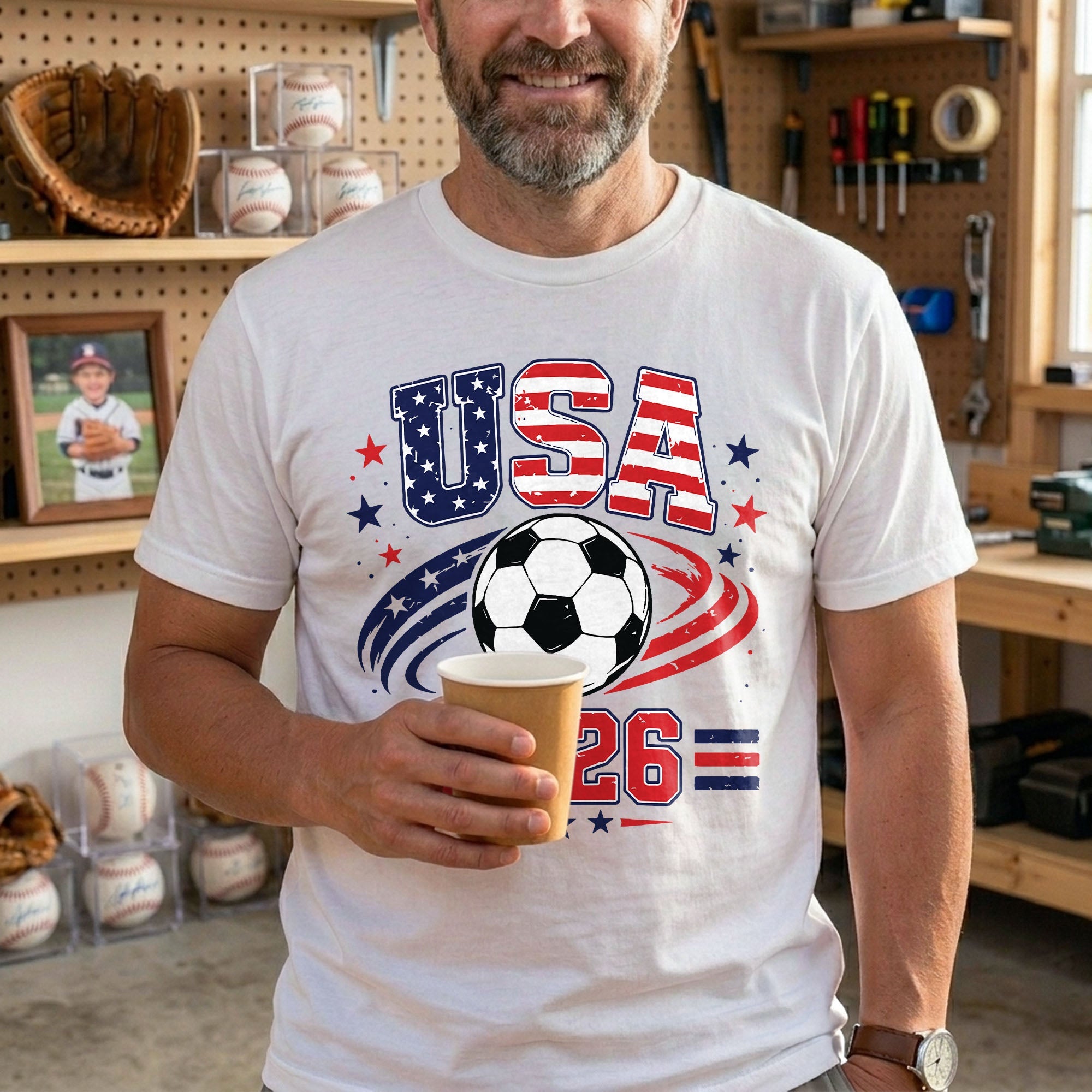 Personalized Soccer American Flag T-Shirt Custom Design for Dad T-Shirt Font and Back GradoCreations