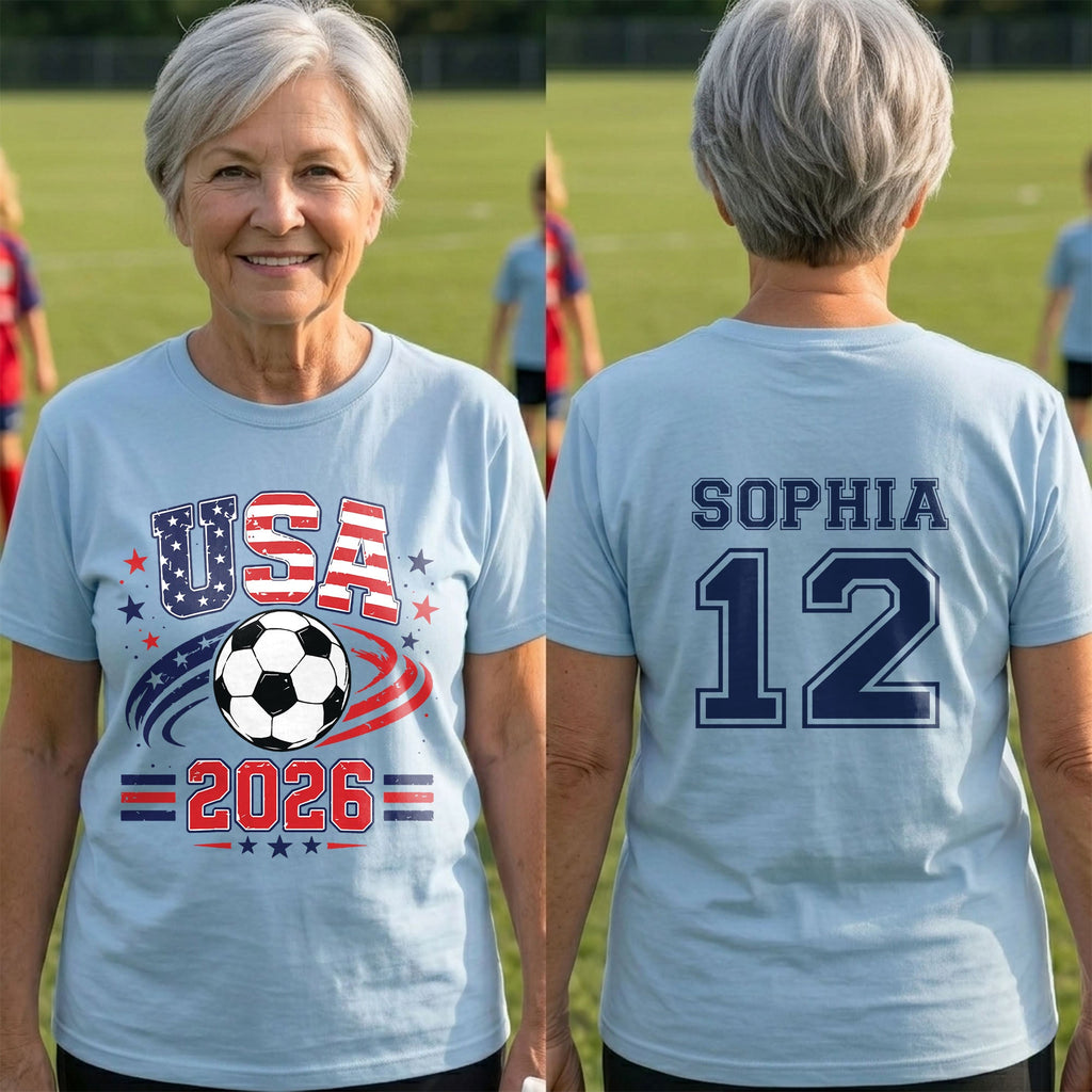 Personalized Soccer American Flag T-Shirt Custom Design for Dad T-Shirt Font and Back GradoCreations
