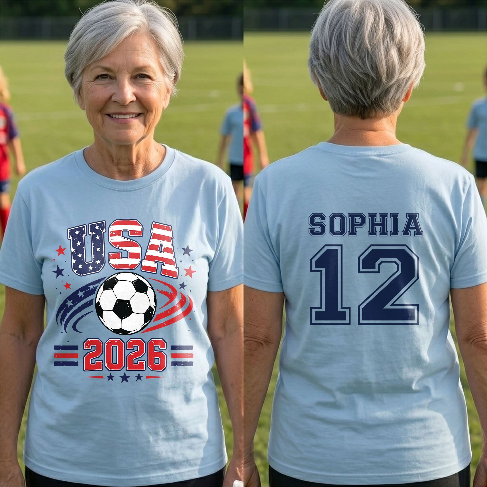 Personalized Soccer American Flag T-Shirt Custom Design for Dad T-Shirt Font and Back GradoCreations