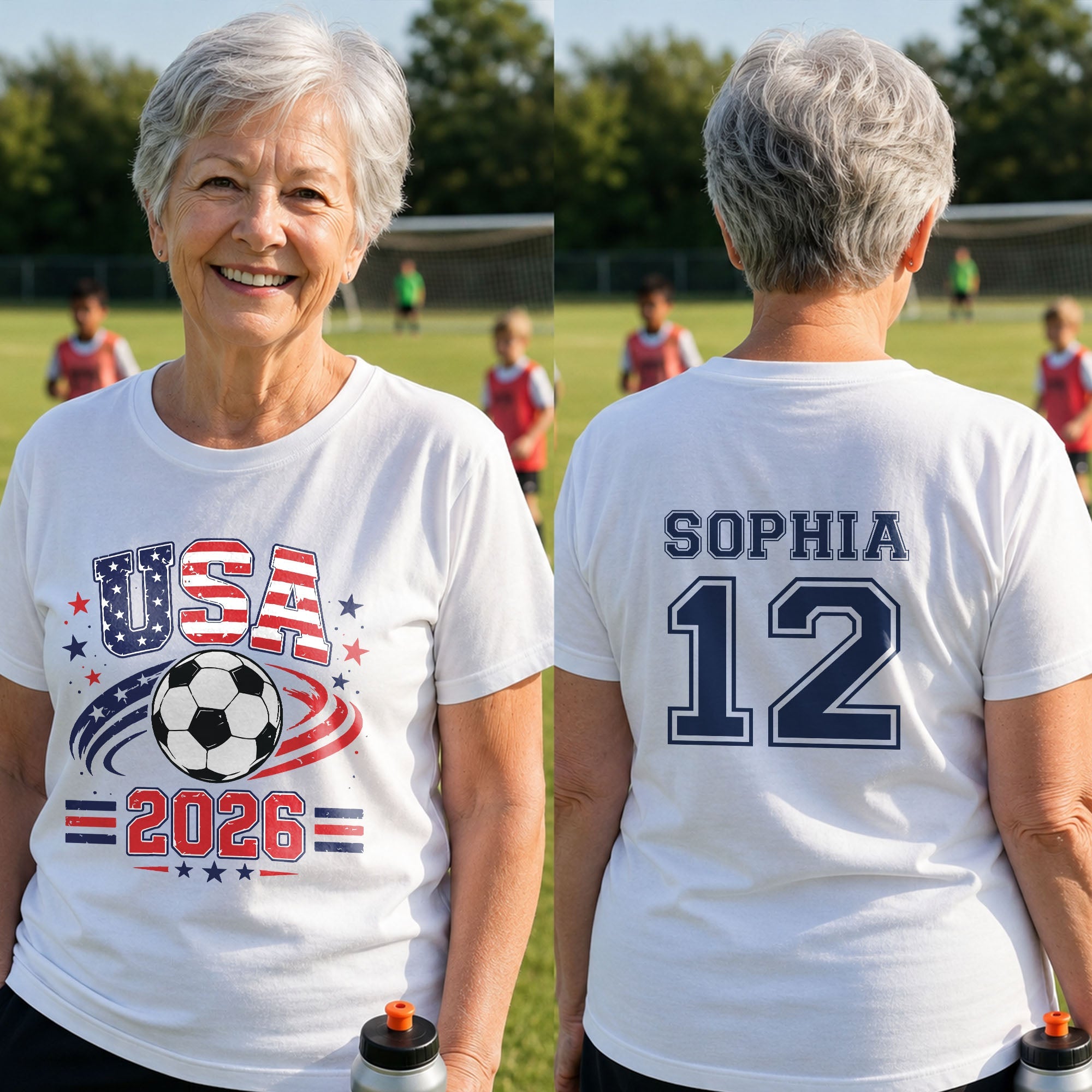 Personalized Soccer American Flag T-Shirt Custom Design for Dad T-Shirt Font and Back GradoCreations