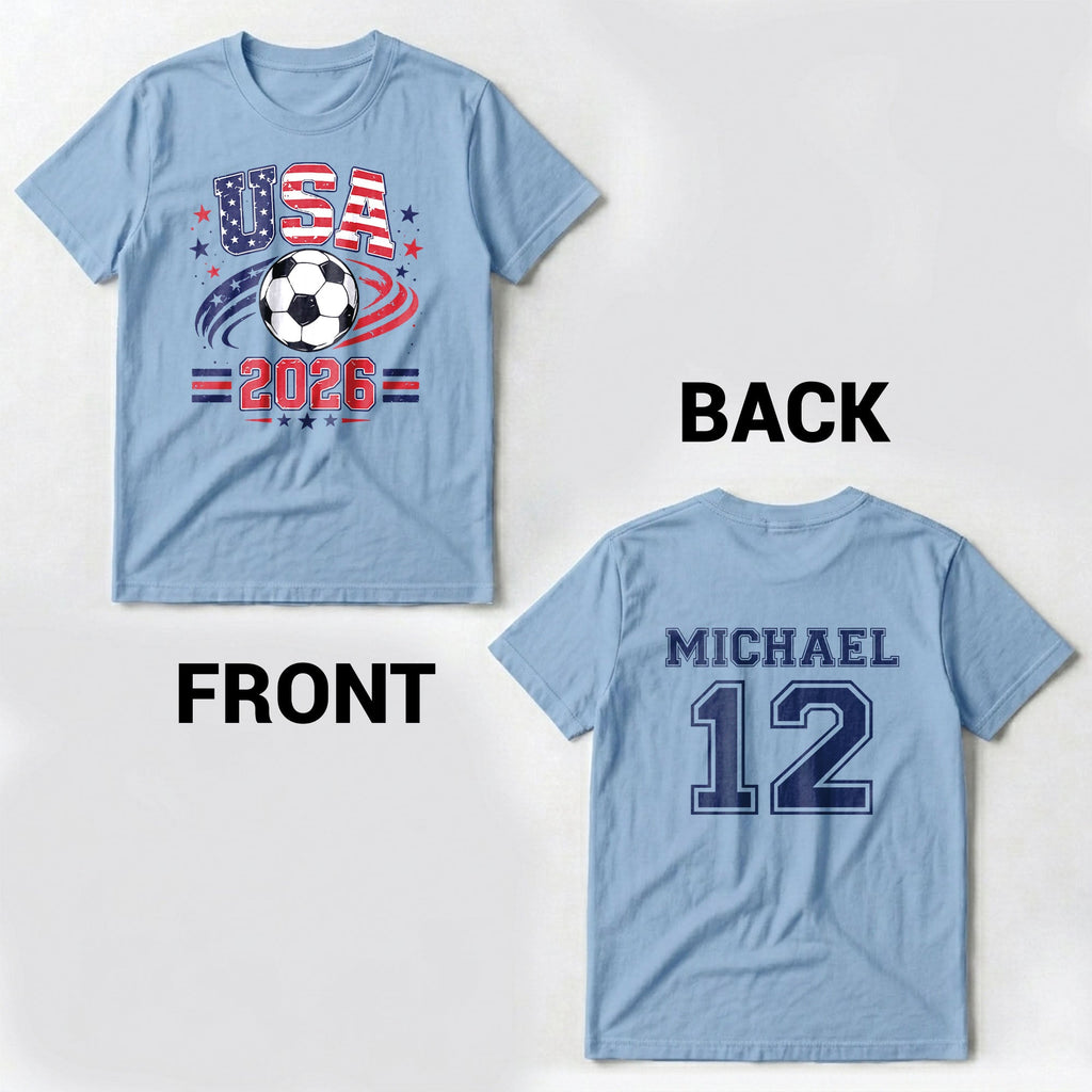 Personalized Soccer American Flag T-Shirt Custom Design for Dad T-Shirt Font and Back GradoCreations