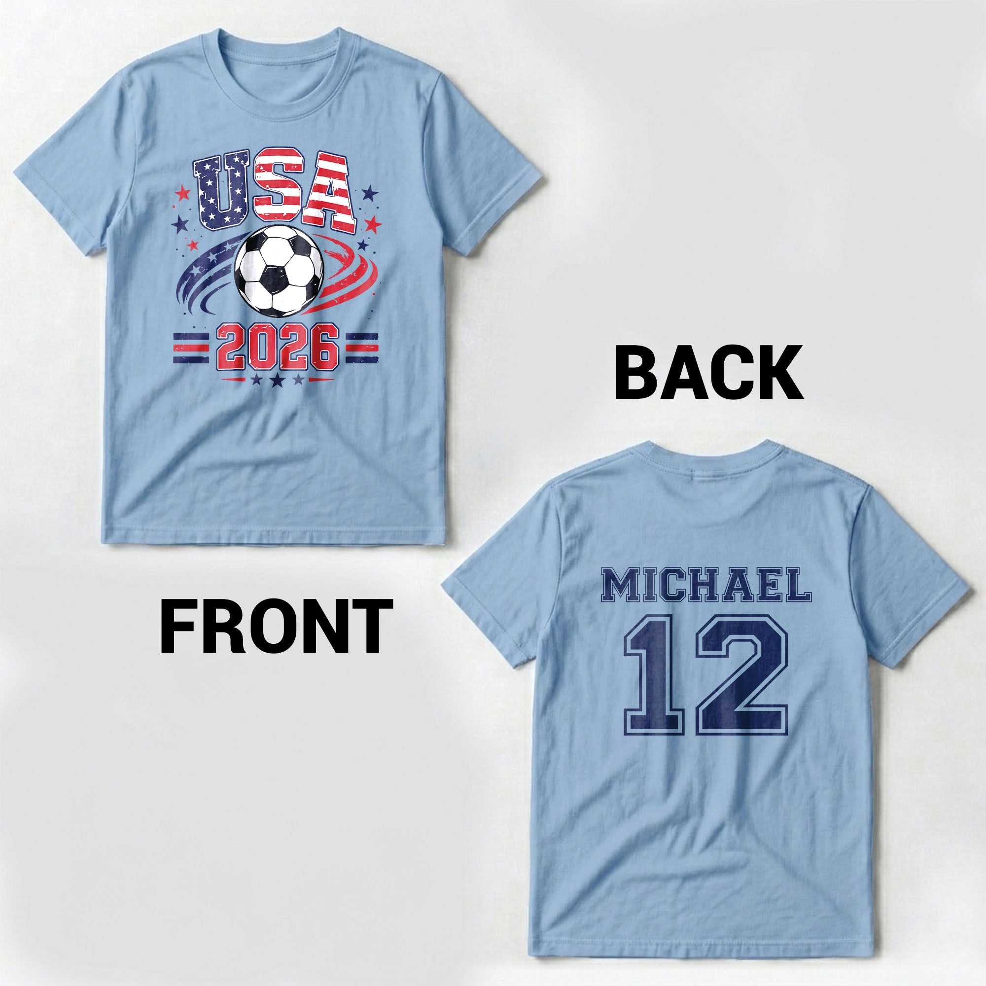 Personalized Soccer American Flag T-Shirt Custom Design for Dad T-Shirt Font and Back GradoCreations