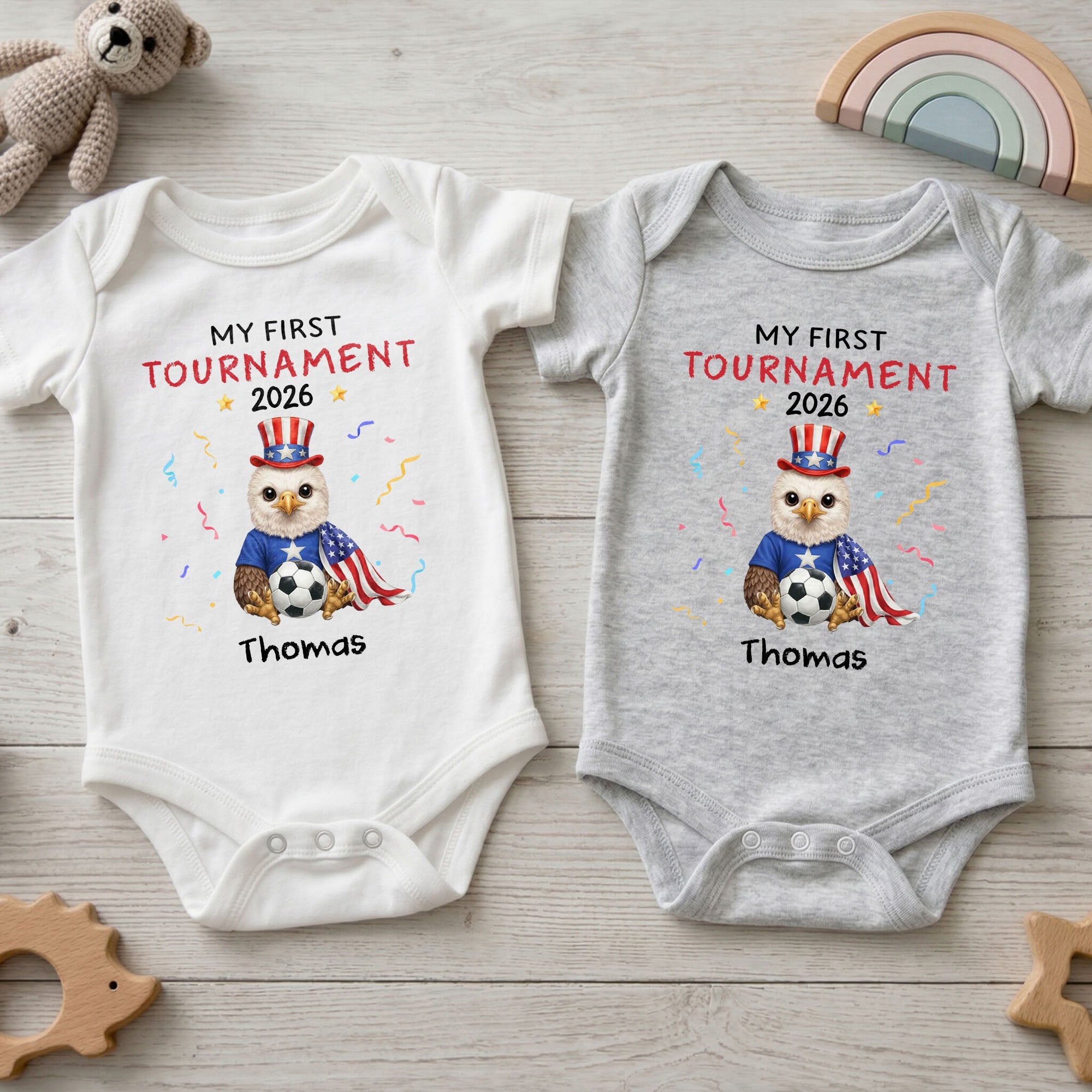 Personalized Soccer Baby Onesie Custom Name Eagle 4th of July Gift Baby Onesie GradoCreations