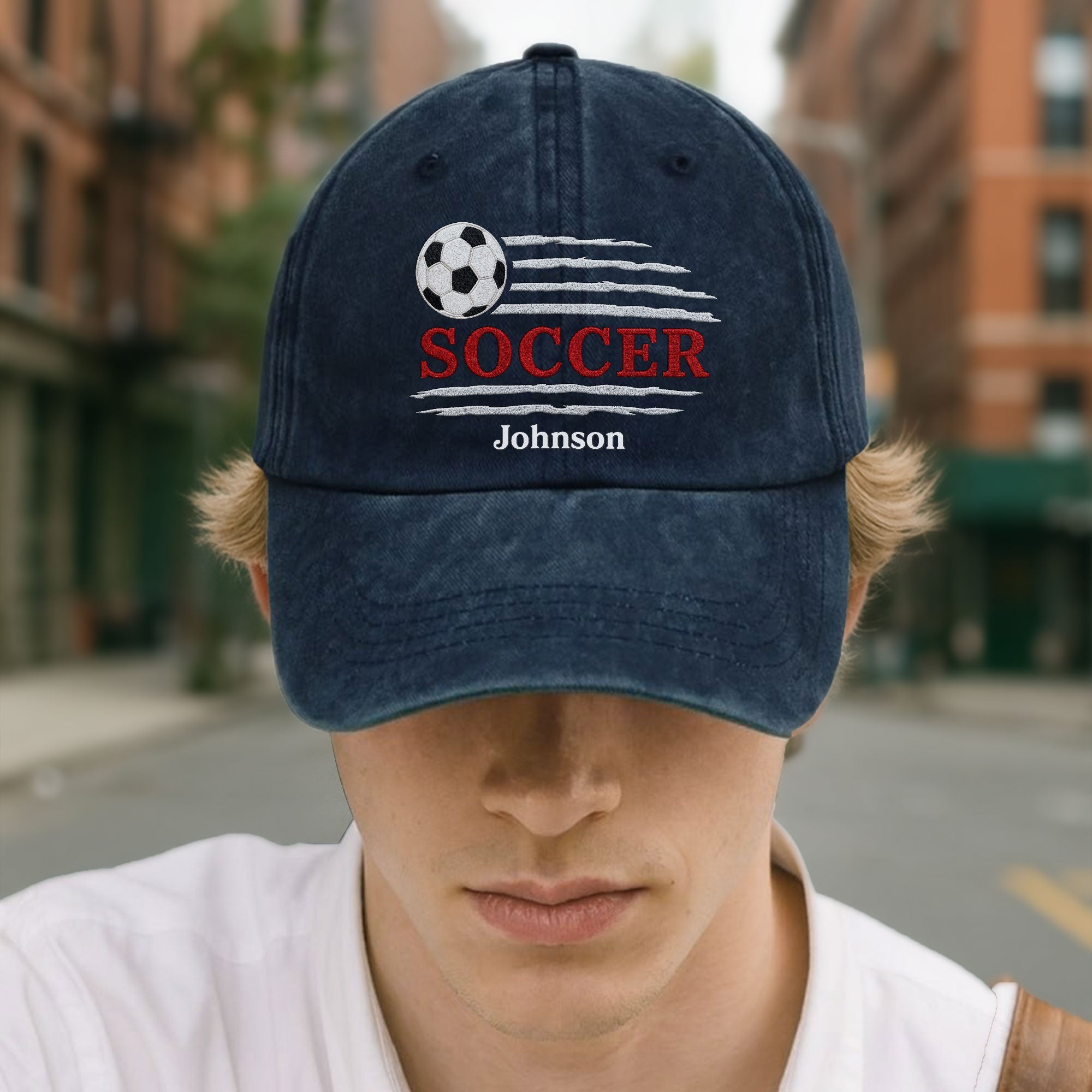 Personalized Washed Denim Cap Custom Name Soccer Gift for Him Washed Denim Cap GradoCreations