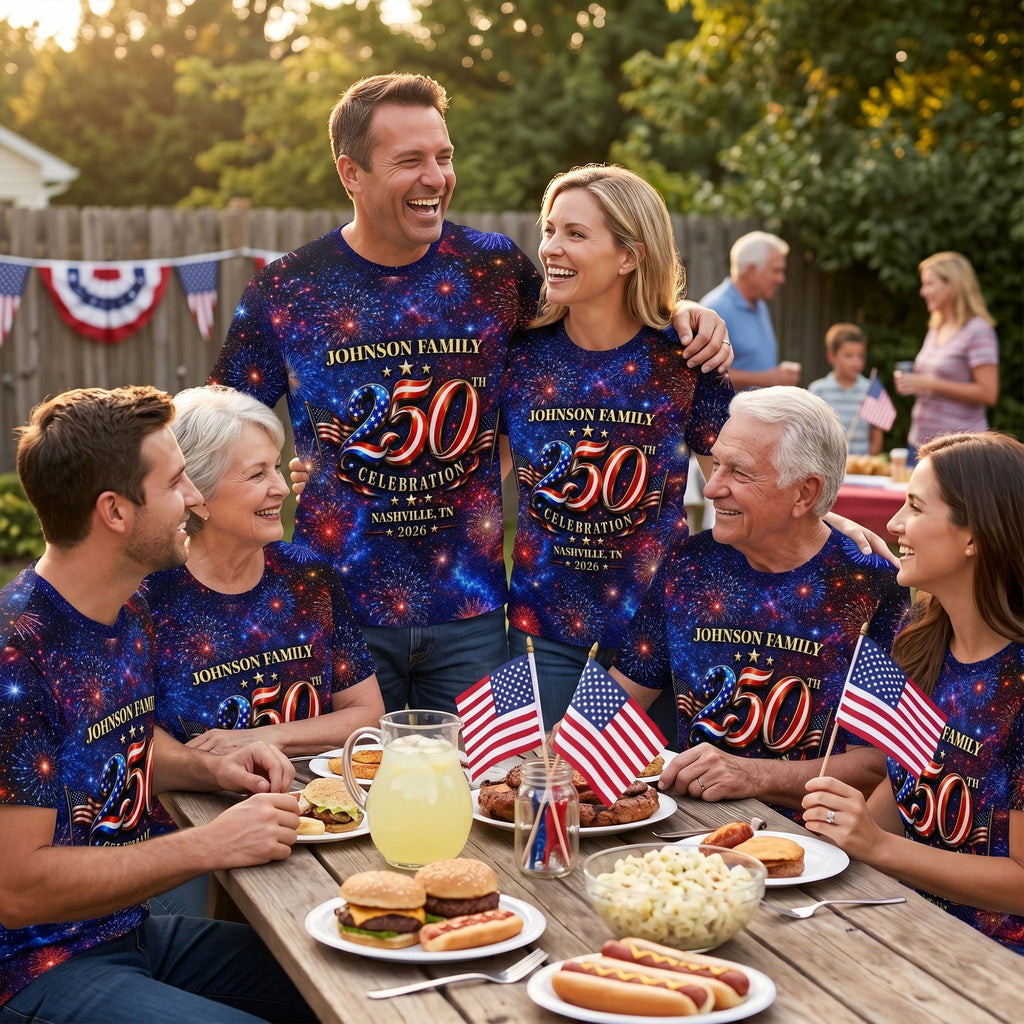 Personalized 250th Celebration AOP T-Shirt for Family | Patriotic Gift