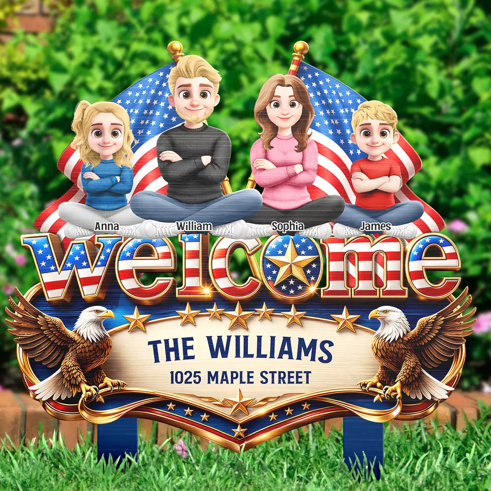 Personalized Patriotic Metal Stake Garden Sign with Family Name Welcome Decor