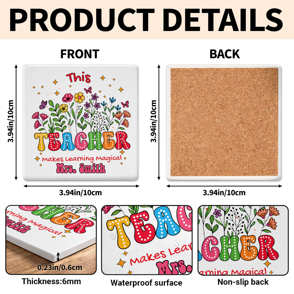 Personalized Teacher Gift Ceramic Coaster with Custom Name - Magical Flowers & Butterflies Square Ceramic Coaster GradoCreations