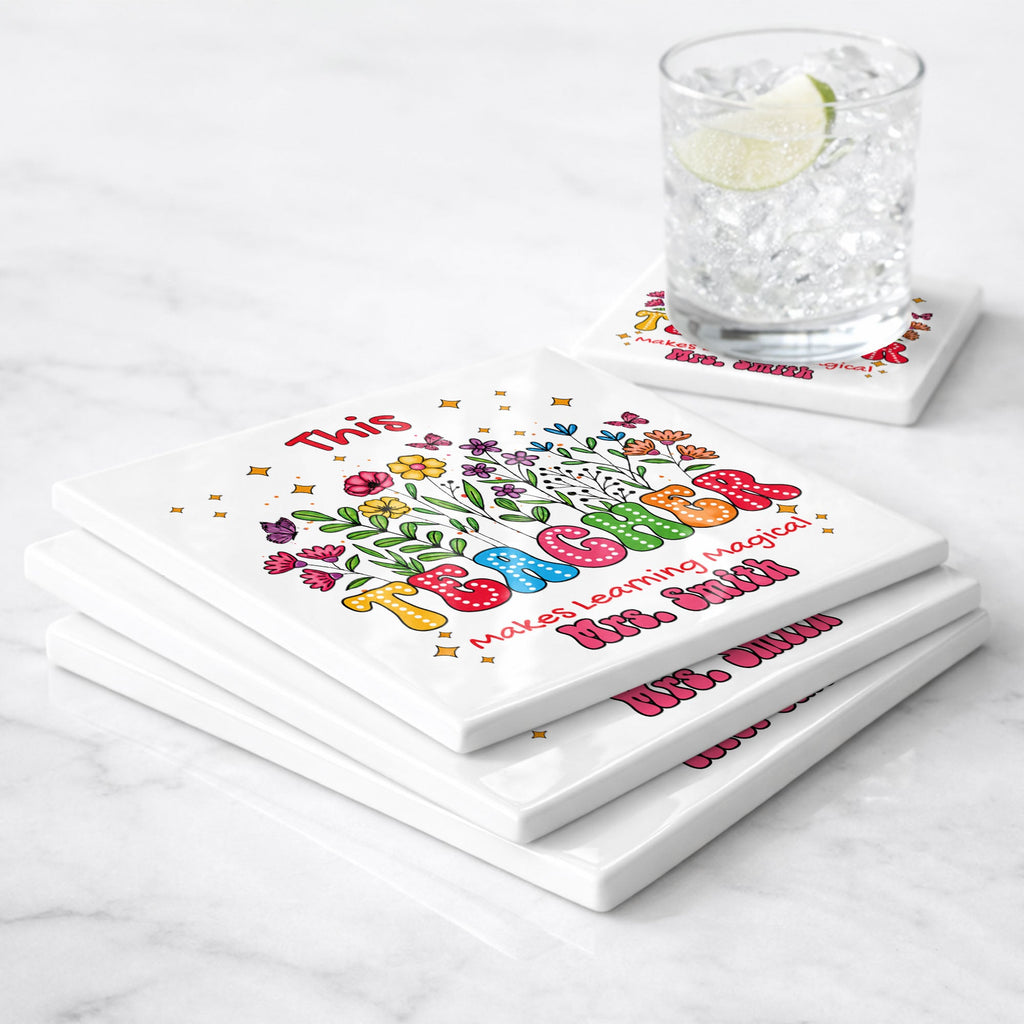Personalized Teacher Gift Ceramic Coaster with Custom Name - Magical Flowers & Butterflies Square Ceramic Coaster GradoCreations