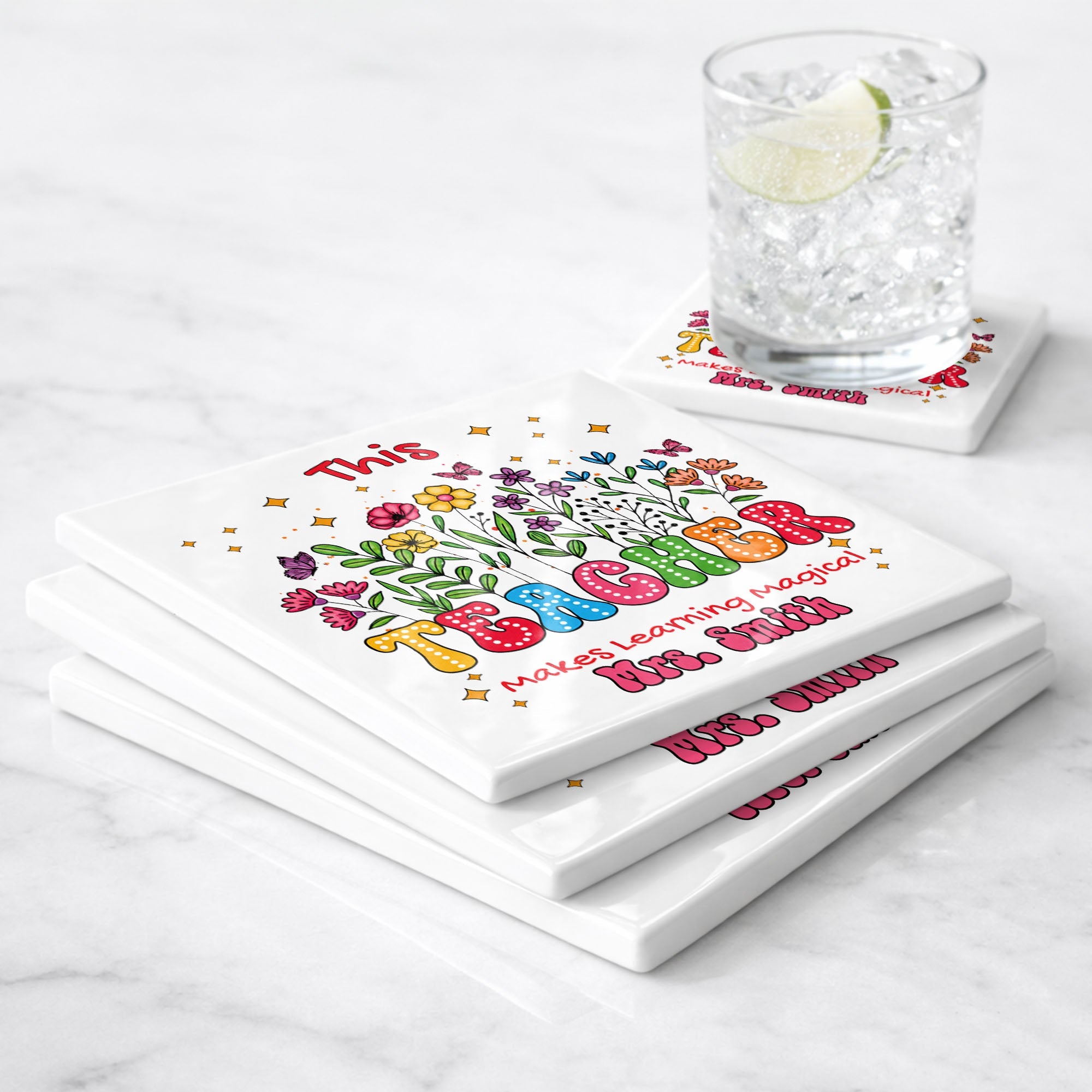 Personalized Teacher Gift Ceramic Coaster with Custom Name - Magical Flowers & Butterflies Square Ceramic Coaster GradoCreations