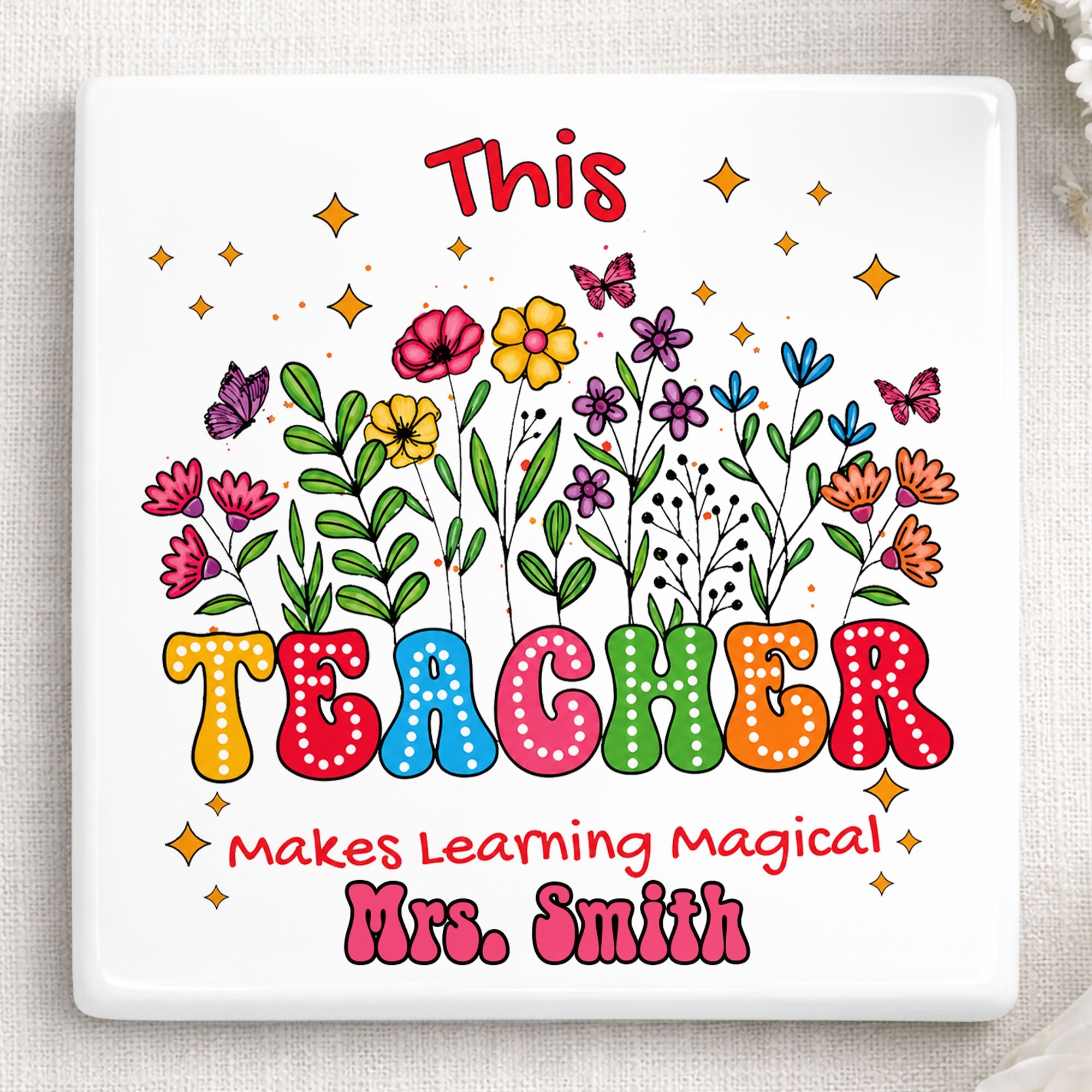 Personalized Teacher Gift Ceramic Coaster with Custom Name - Magical Flowers & Butterflies Square Ceramic Coaster GradoCreations