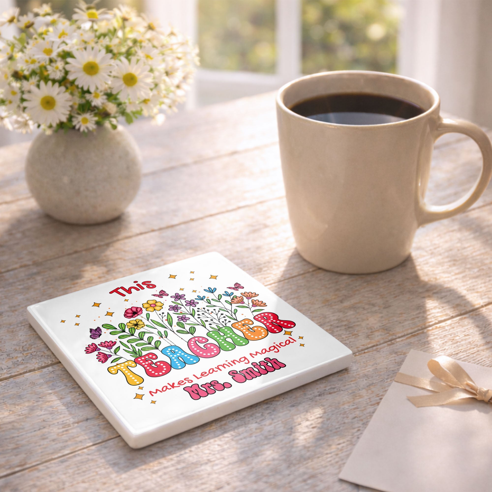 Personalized Teacher Gift Ceramic Coaster with Custom Name - Magical Flowers & Butterflies Square Ceramic Coaster GradoCreations