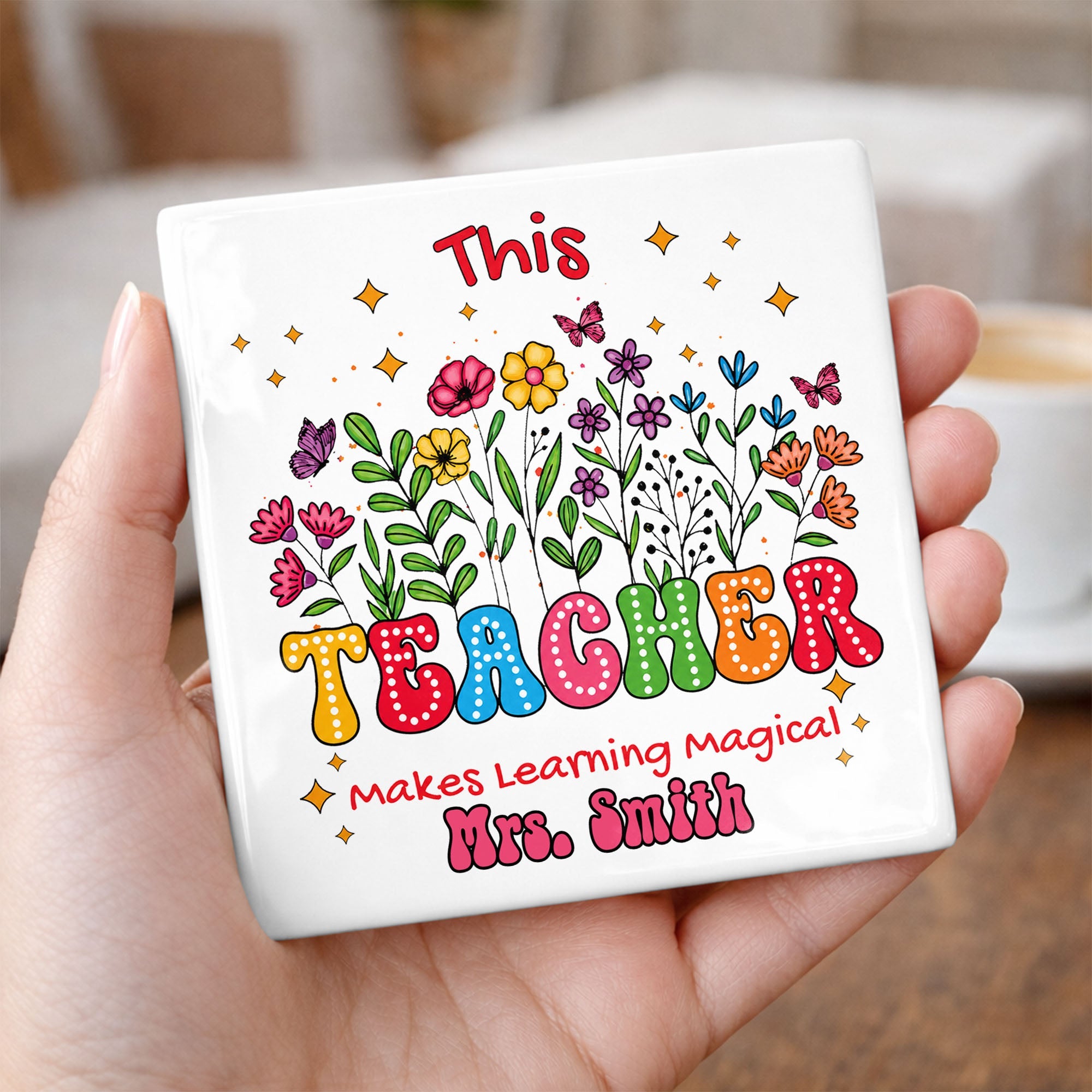 Personalized Teacher Gift Ceramic Coaster with Custom Name - Magical Flowers & Butterflies Square Ceramic Coaster GradoCreations