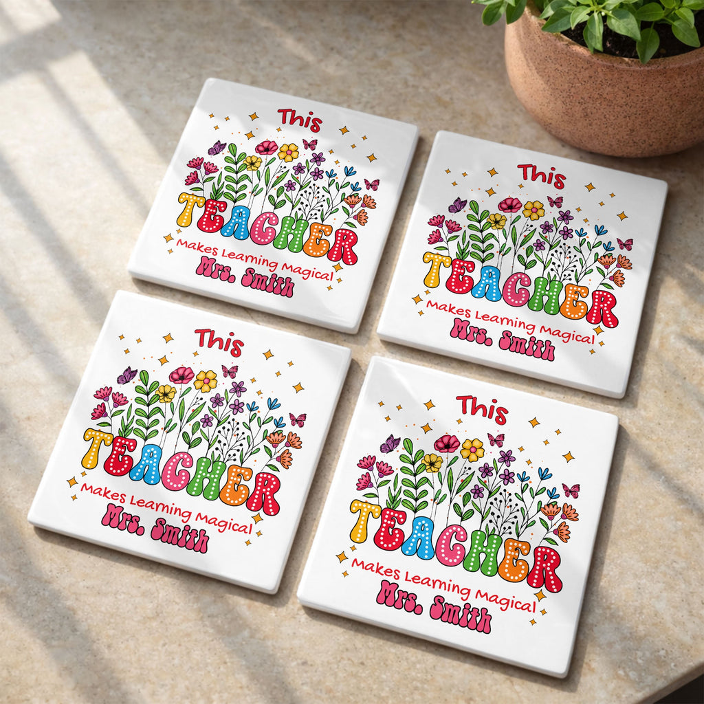 Personalized Teacher Gift Ceramic Coaster with Custom Name - Magical Flowers & Butterflies Square Ceramic Coaster GradoCreations