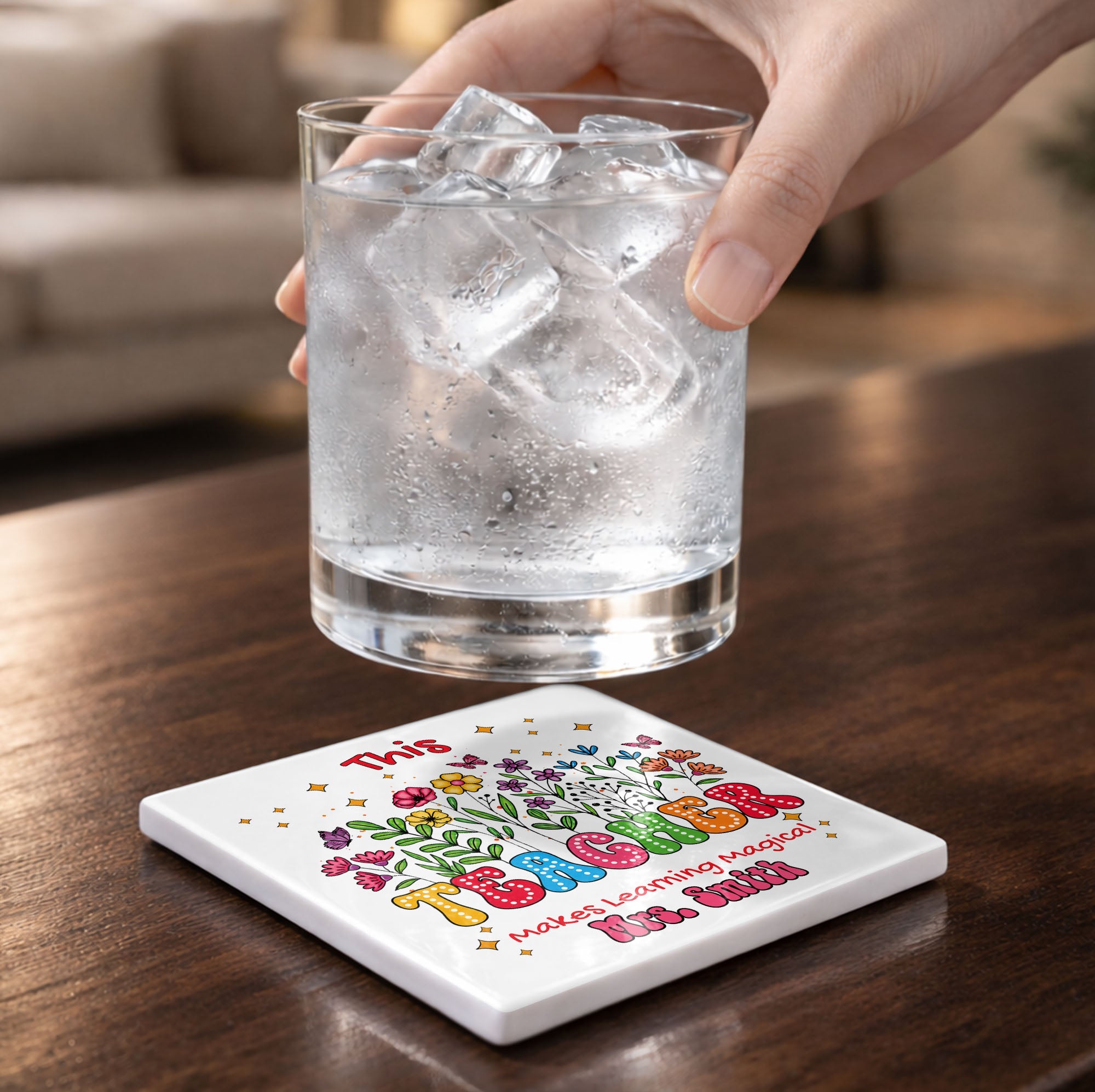 Personalized Teacher Gift Ceramic Coaster with Custom Name - Magical Flowers & Butterflies Square Ceramic Coaster GradoCreations