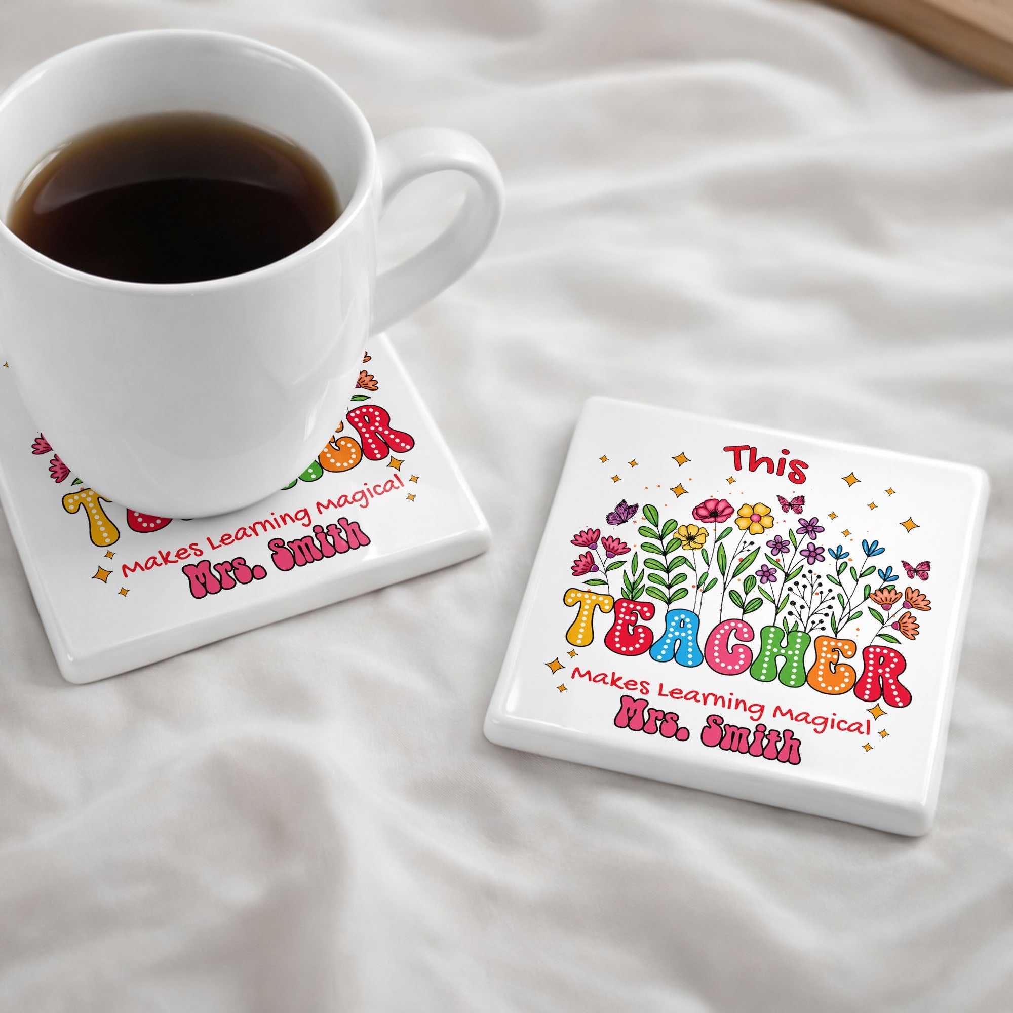 Personalized Teacher Gift Ceramic Coaster with Custom Name - Magical Flowers & Butterflies Square Ceramic Coaster GradoCreations
