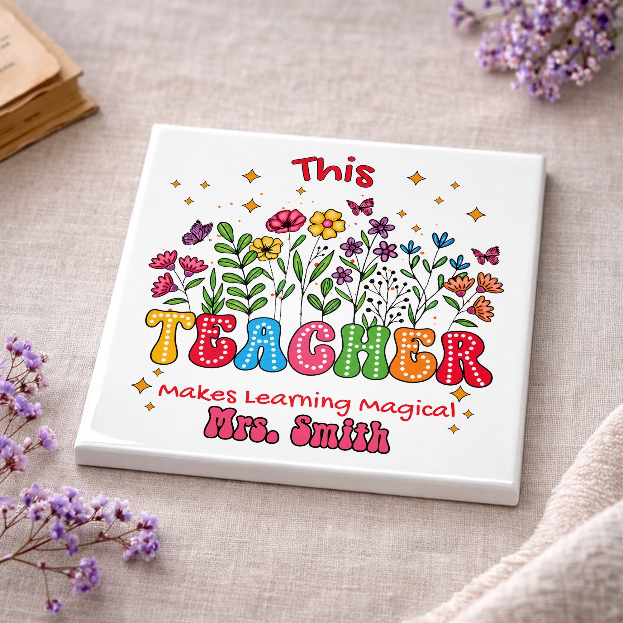 Personalized Teacher Gift Ceramic Coaster with Custom Name - Magical Flowers & Butterflies Square Ceramic Coaster GradoCreations