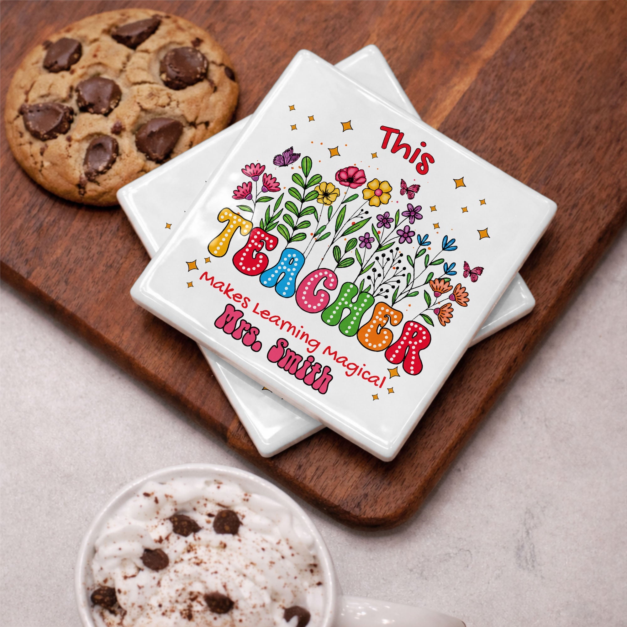 Personalized Teacher Gift Ceramic Coaster with Custom Name - Magical Flowers & Butterflies Square Ceramic Coaster GradoCreations