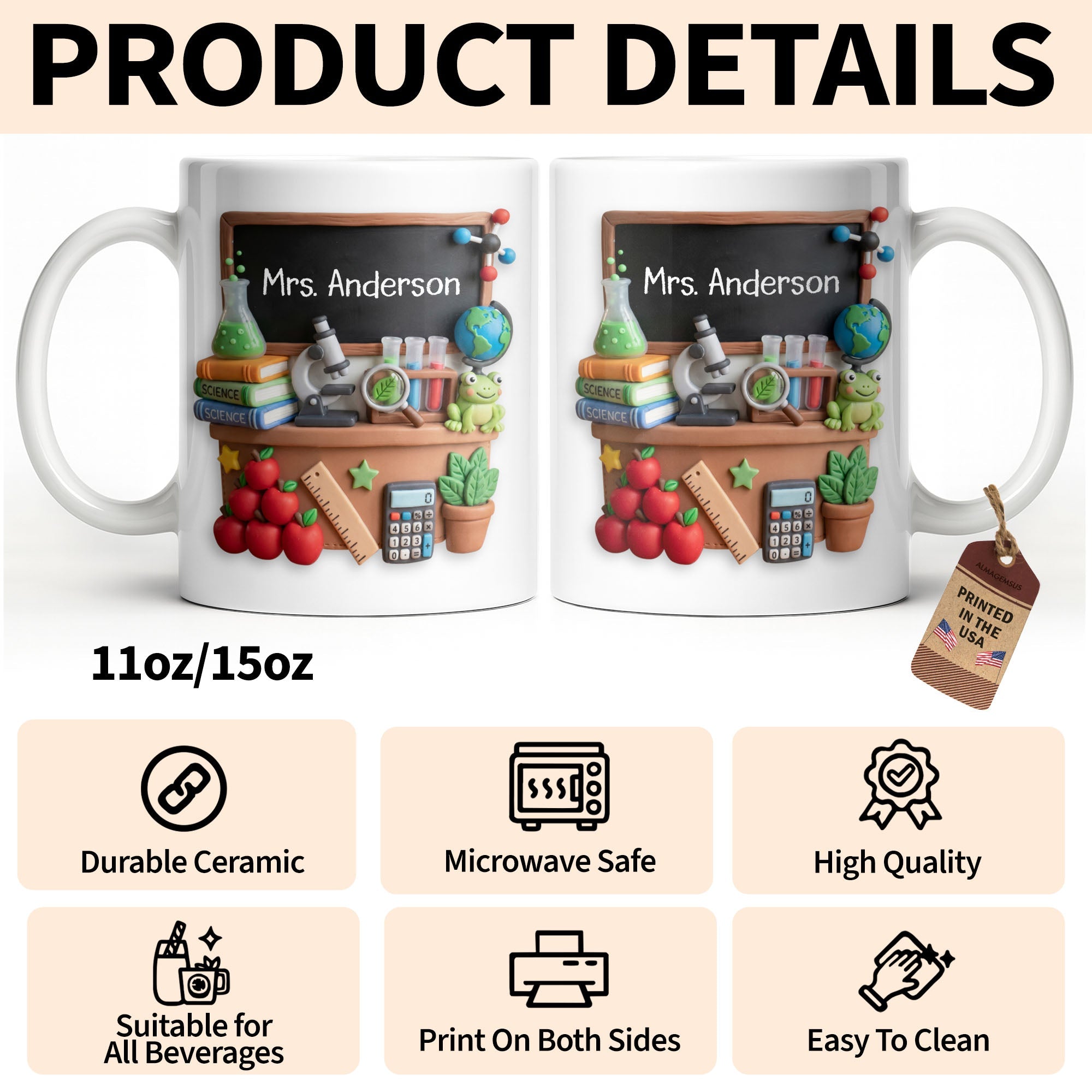 Personalized Science Teacher Coffee Mug Custom Name Black Board Gift Edge-to-edge Mug GradoCreations