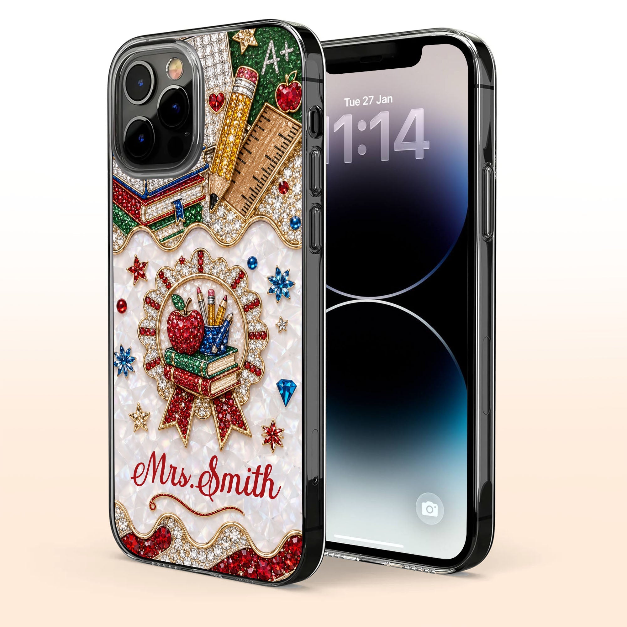Personalized 3D Rhinestone Apple Clear Phone Case Gift for Teacher Clear Phone Case GradoCreations