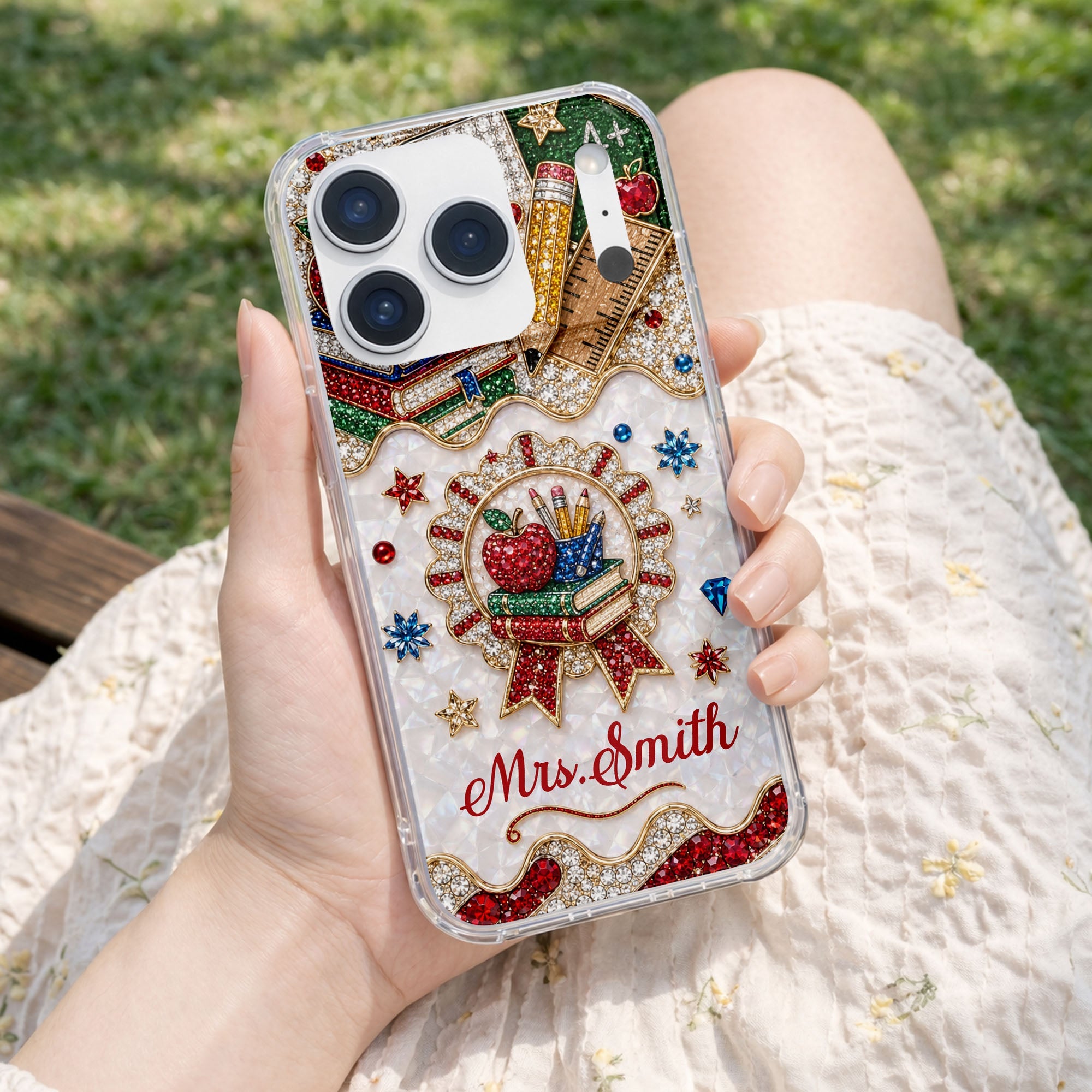 Personalized 3D Rhinestone Apple Clear Phone Case Gift for Teacher Clear Phone Case GradoCreations