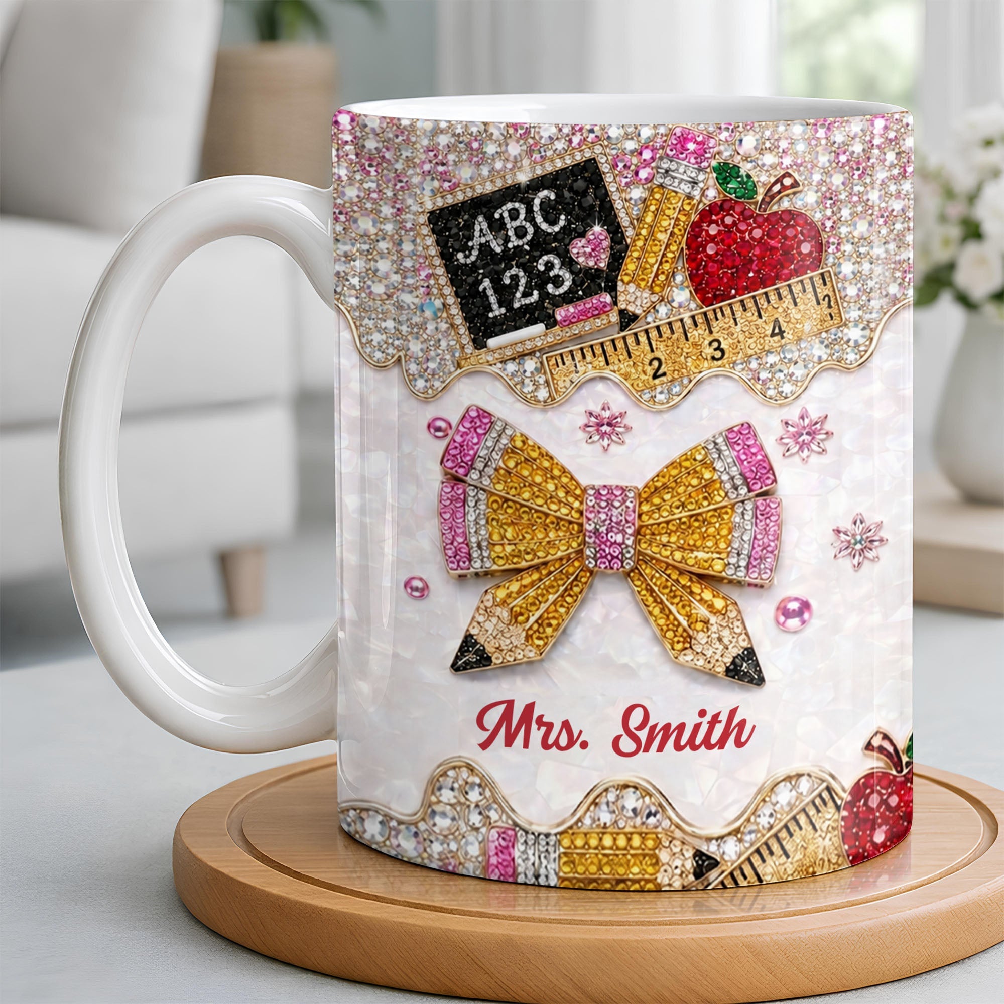 Personalized Teacher Coffee Mug Custom Name Rhinestone Bow Gift Edge-to-edge Mug GradoCreations
