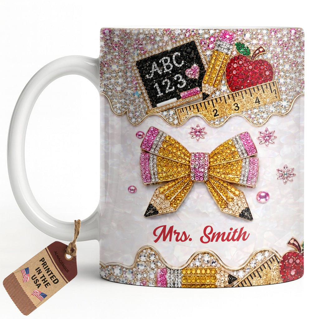 Personalized Teacher Coffee Mug Custom Name Rhinestone Bow Gift Edge-to-edge Mug GradoCreations