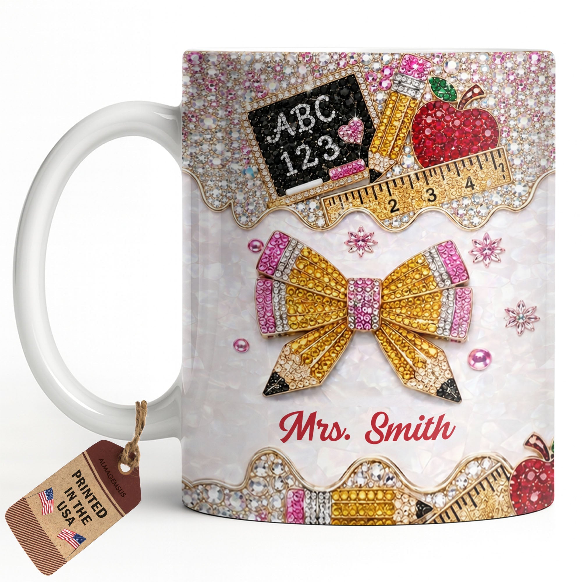 Personalized Teacher Coffee Mug Custom Name Rhinestone Bow Gift Edge-to-edge Mug GradoCreations