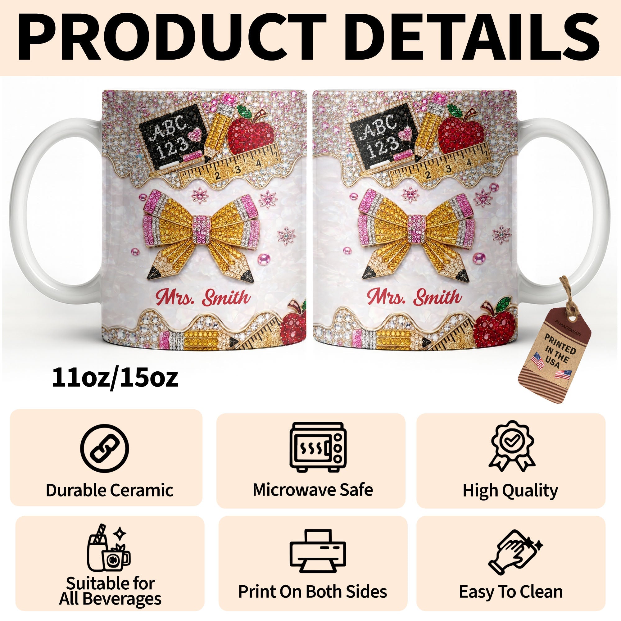 Personalized Teacher Coffee Mug Custom Name Rhinestone Bow Gift Edge-to-edge Mug GradoCreations