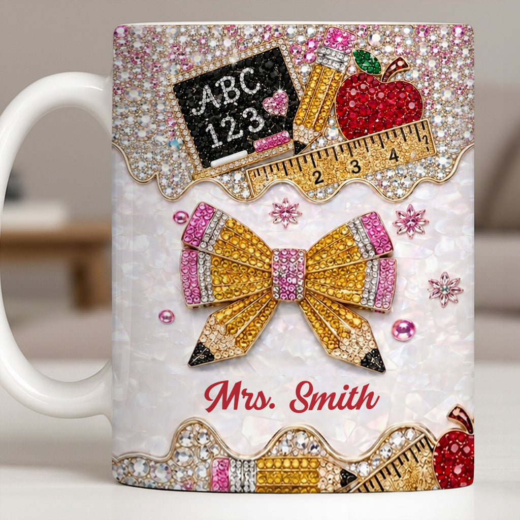 Personalized Teacher Coffee Mug Custom Name Rhinestone Bow Gift Edge-to-edge Mug GradoCreations